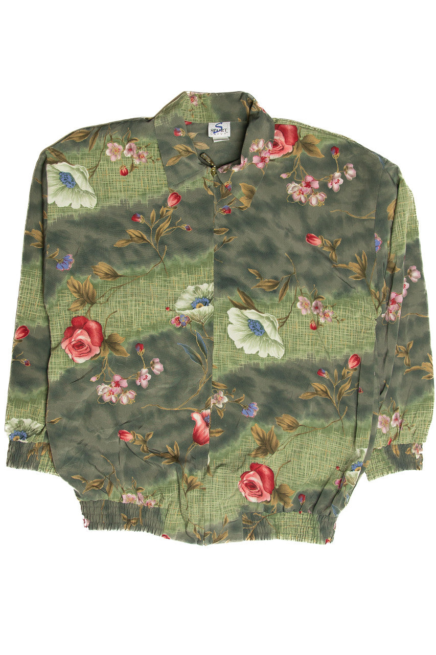 Vintage Floral Green Zip Up Lightweight Jacket