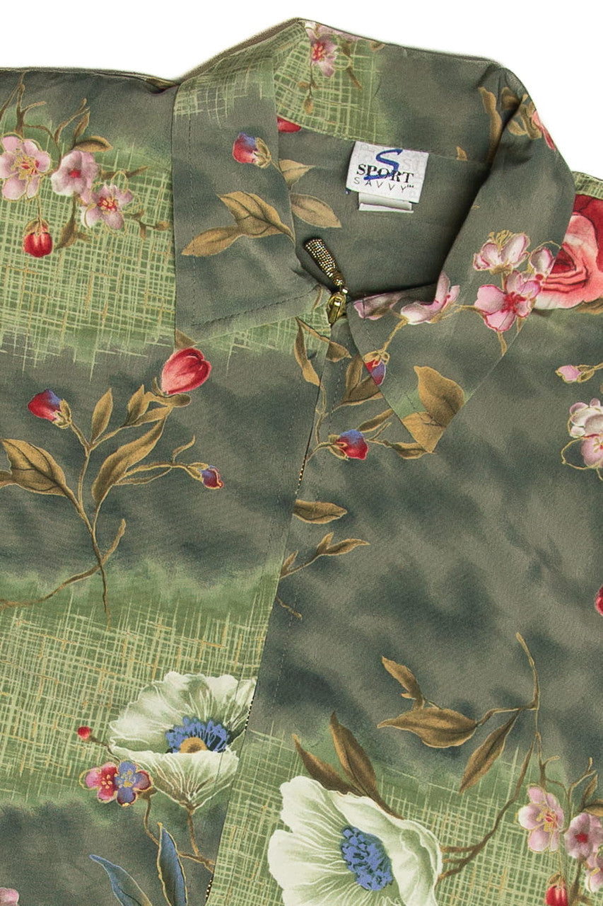 Vintage Floral Green Zip Up Lightweight Jacket