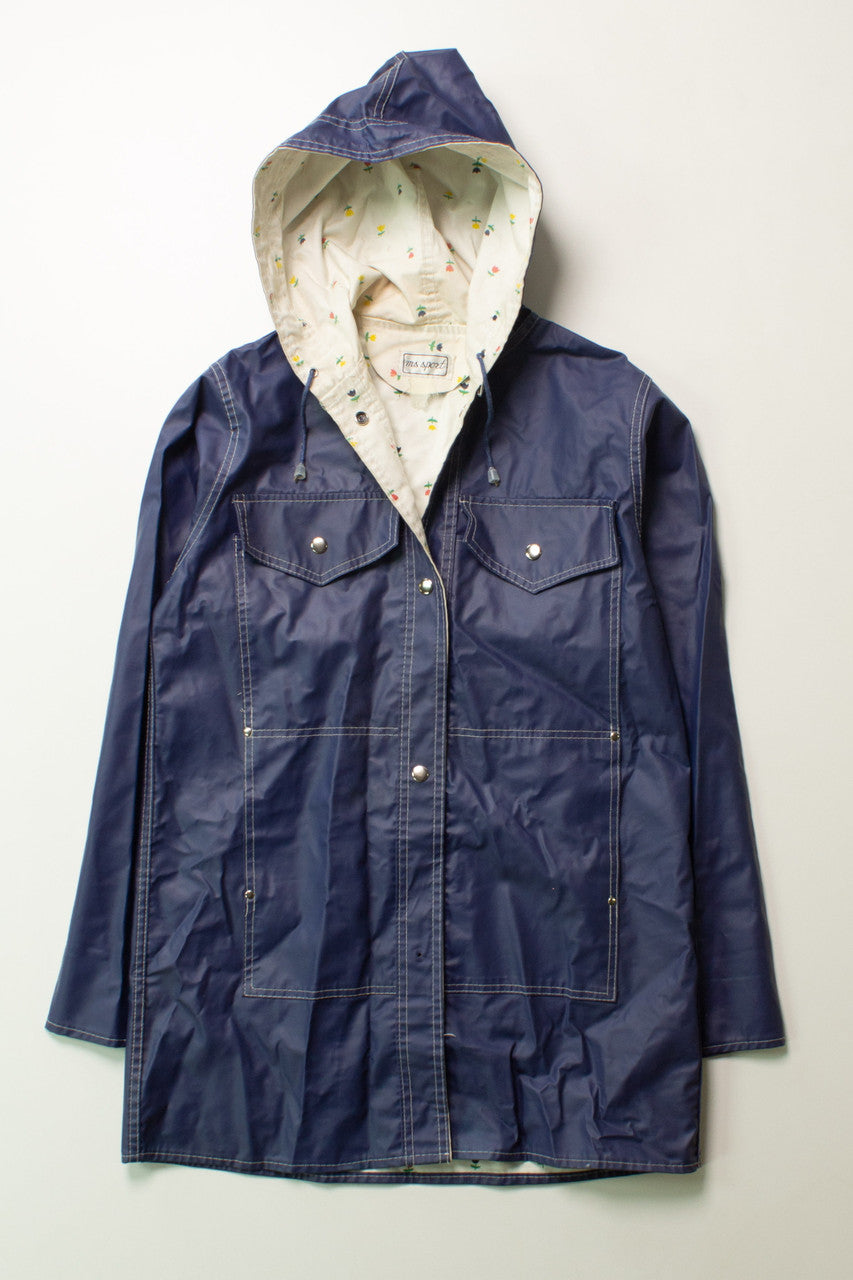 Vintage Navy Floral Lined Rain Coat (1990s)