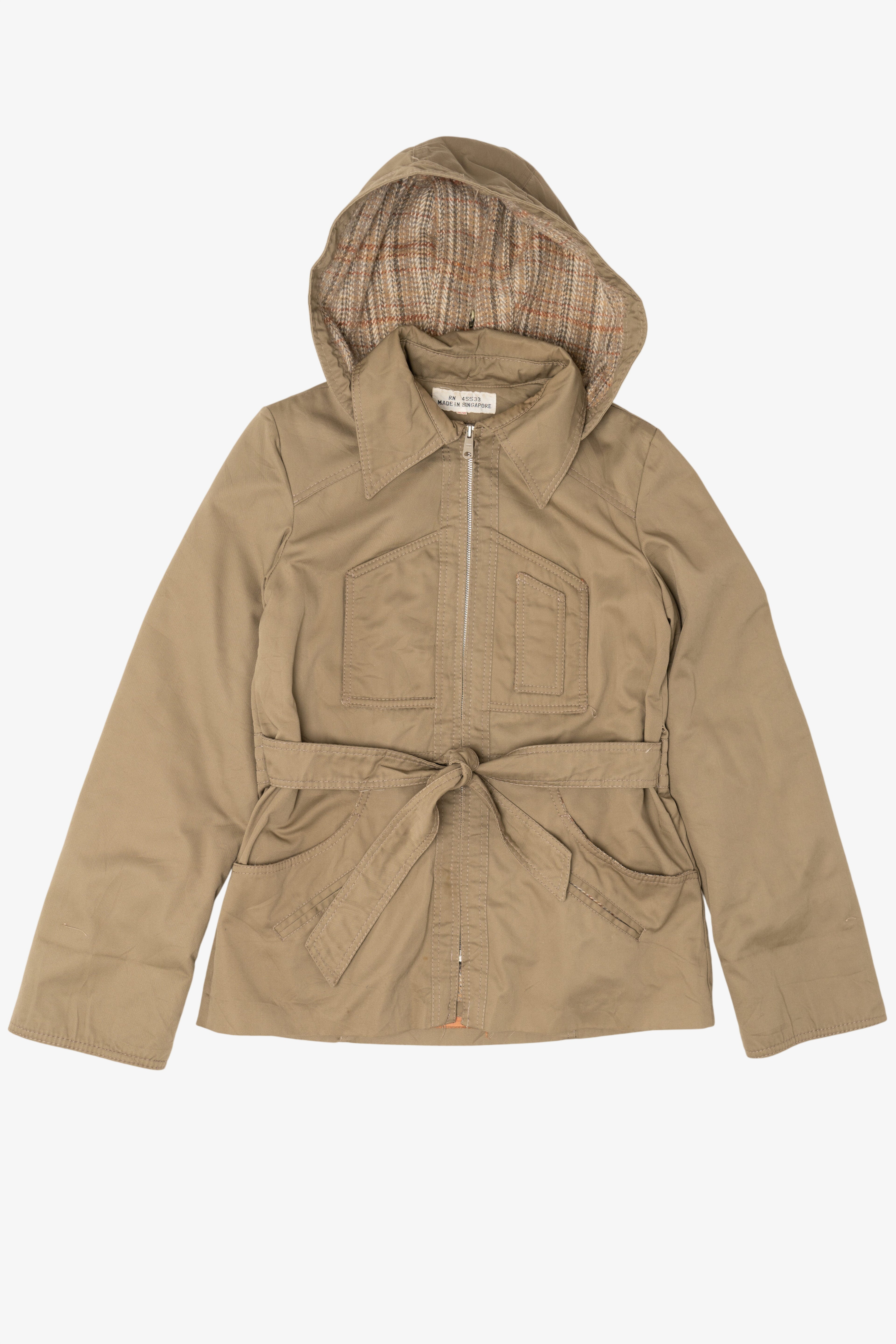 Vintage Khaki Plaid Lined Hooded Lightweight Jacket (1980s)