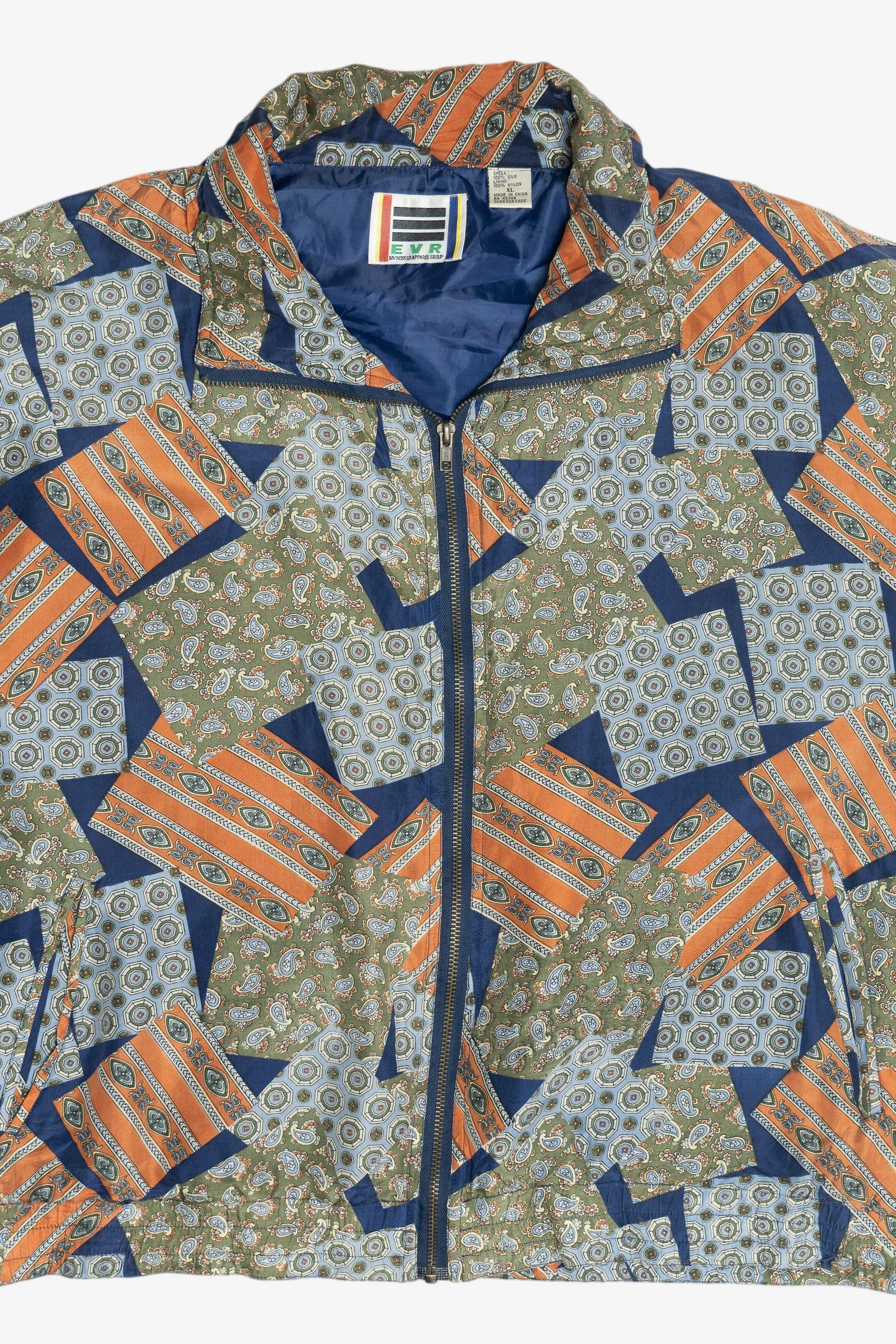 Vintage Silk Navy Blue Patchwork Print Windbreaker Jacket (1980s)