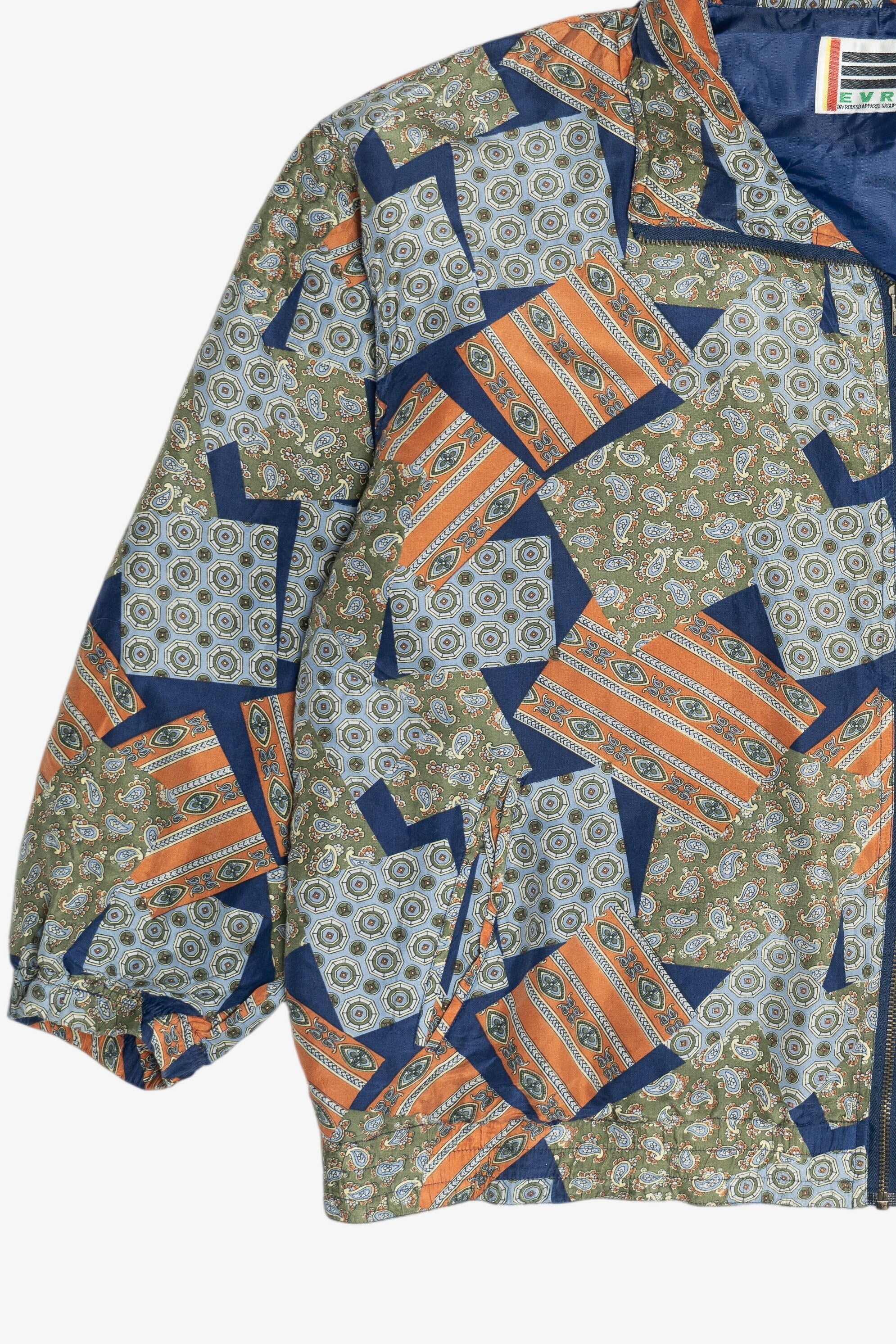 Vintage Silk Navy Blue Patchwork Print Windbreaker Jacket (1980s)