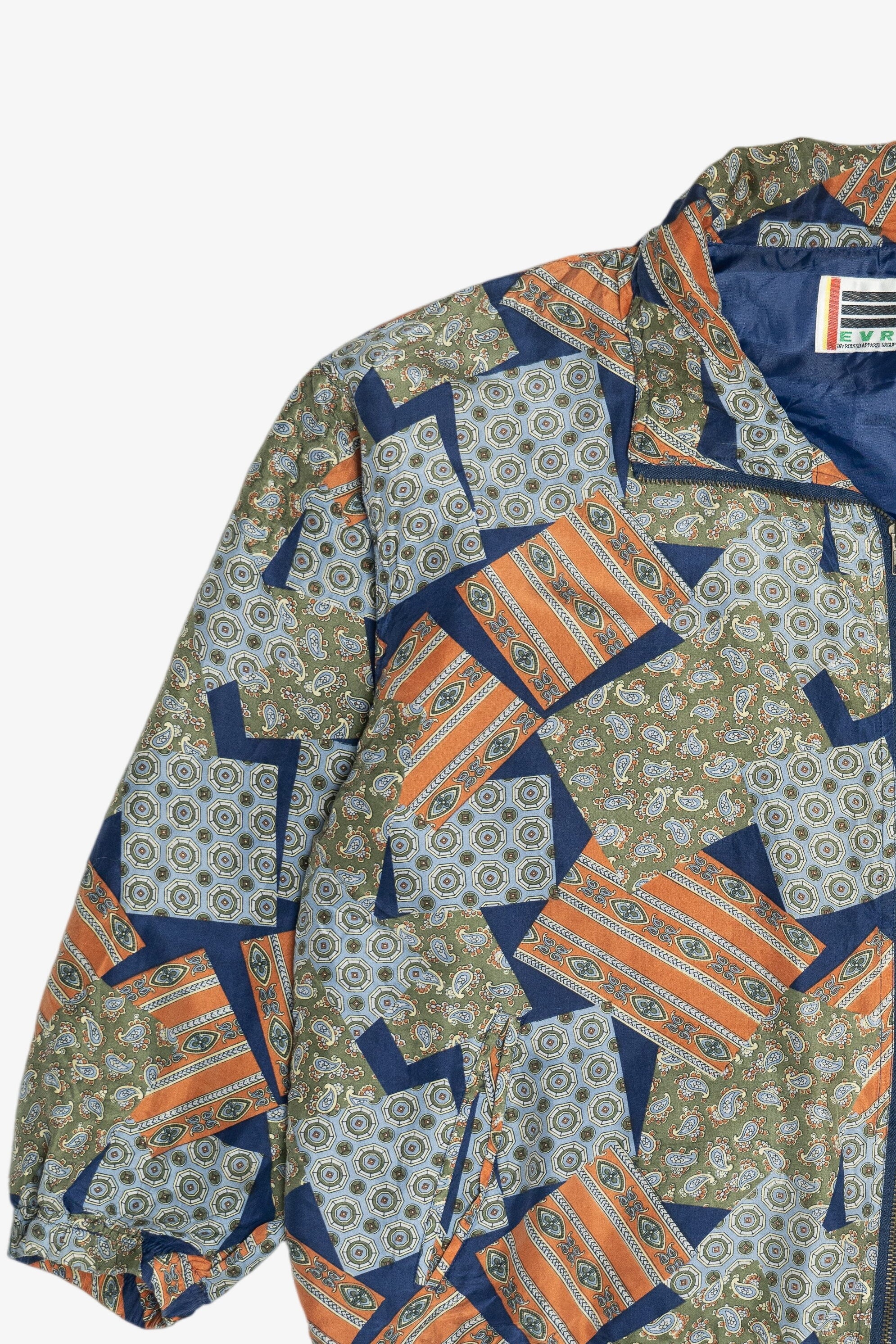 Vintage Silk Navy Blue Patchwork Print Windbreaker Jacket (1980s)