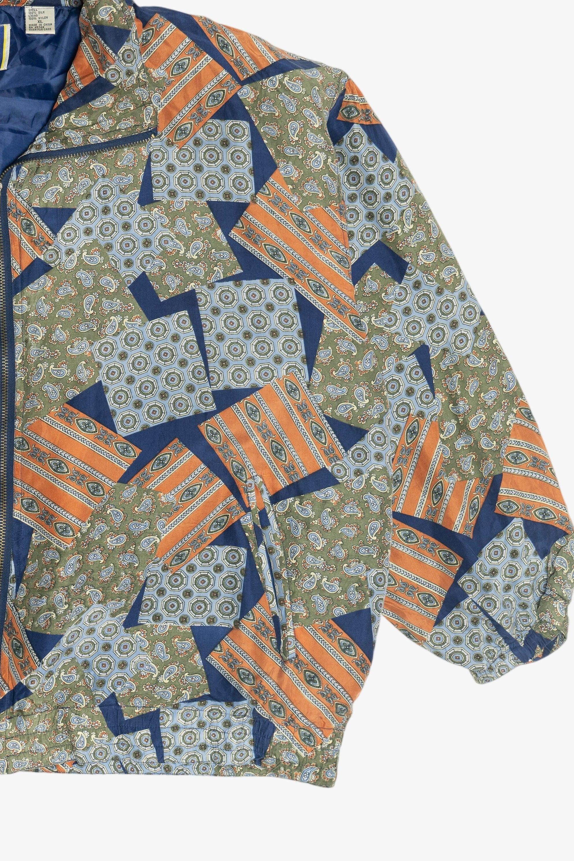 Vintage Silk Navy Blue Patchwork Print Windbreaker Jacket (1980s)