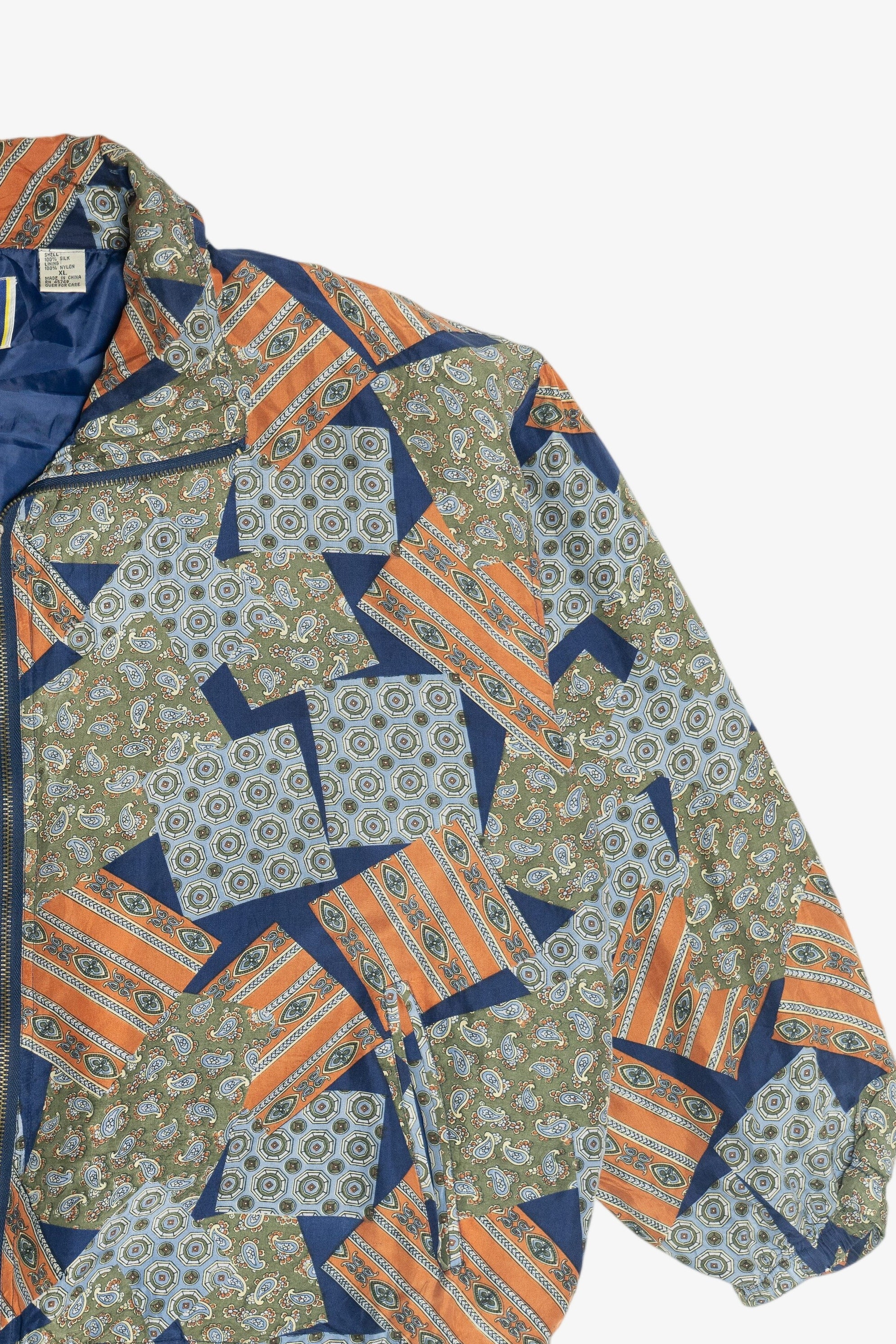 Vintage Silk Navy Blue Patchwork Print Windbreaker Jacket (1980s)
