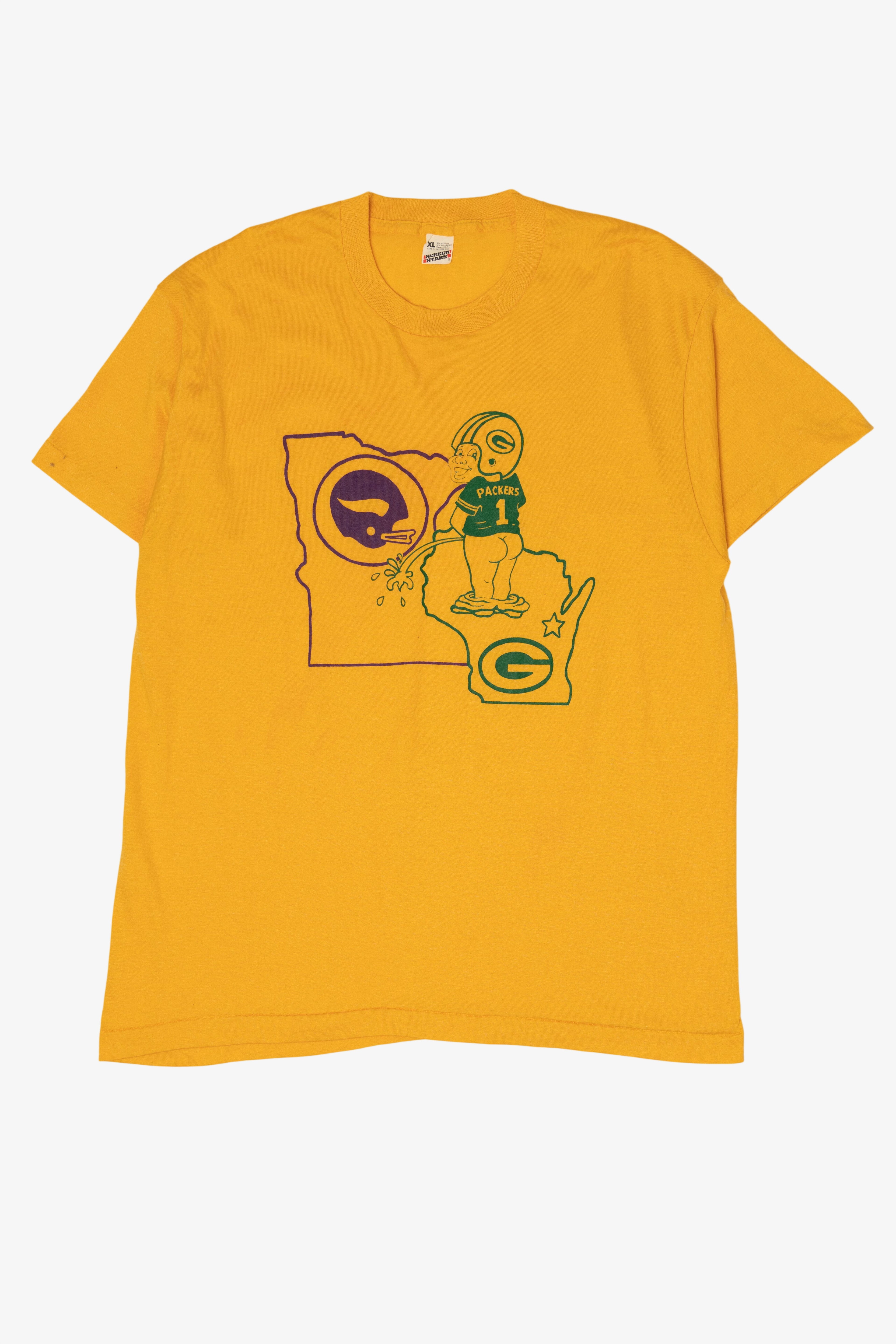 Vintage Yellow Wisconsin Green Bay Packers Peeing On Minnesota Vikings Funny T-Shirt (1980s)
