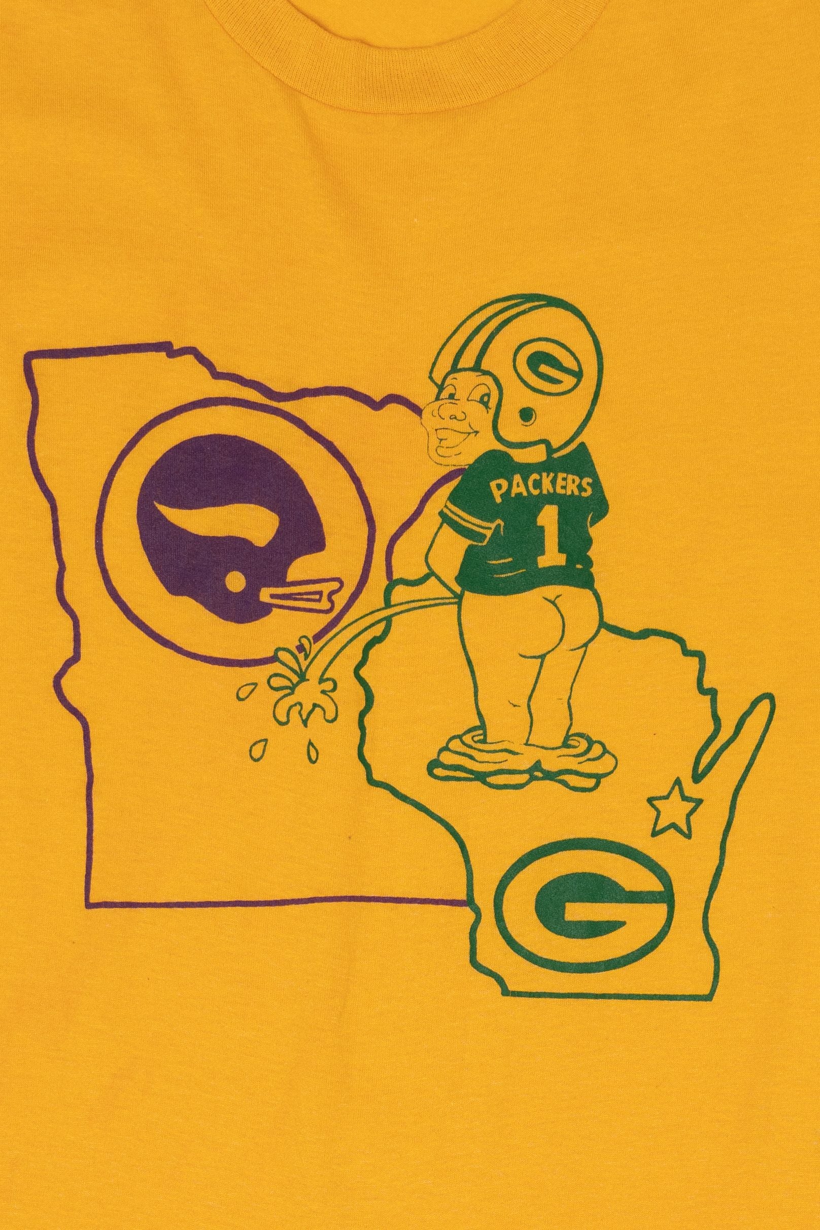 Vintage Yellow Wisconsin Green Bay Packers Peeing On Minnesota Vikings Funny T-Shirt (1980s)