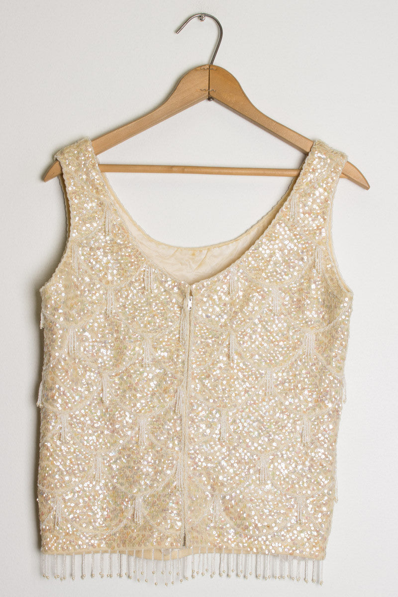 Cream Beaded Sequin Top