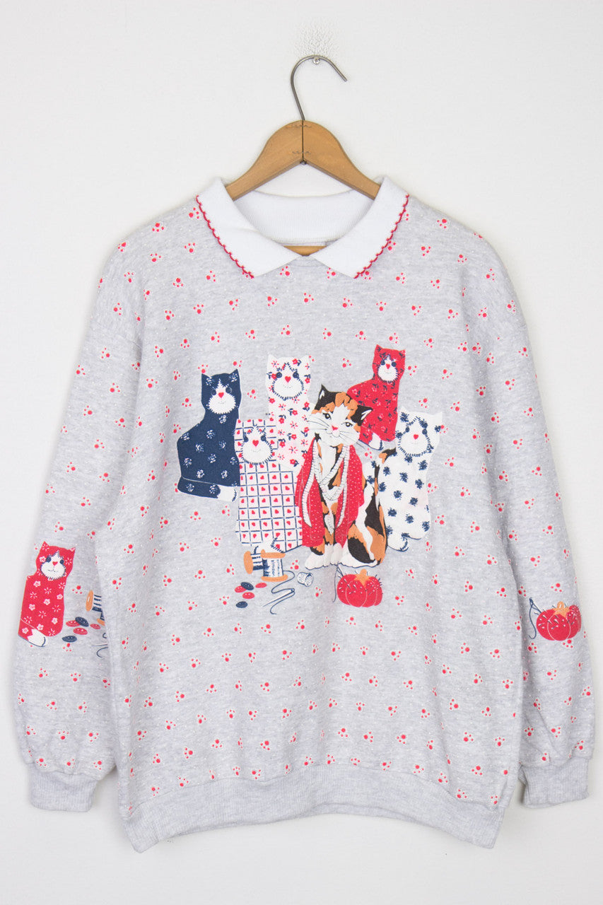 Sewing Cat Print Sweatshirt
