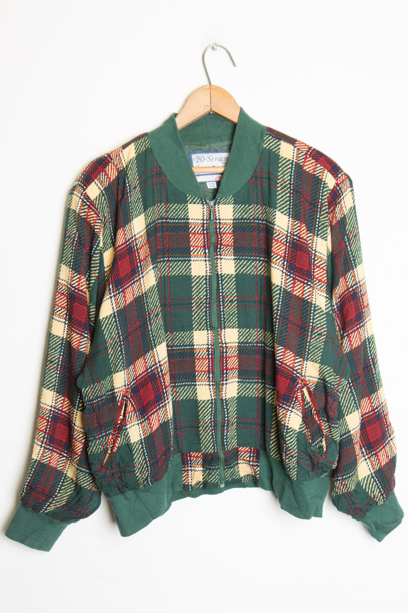 Green Plaid Bomber Jacket