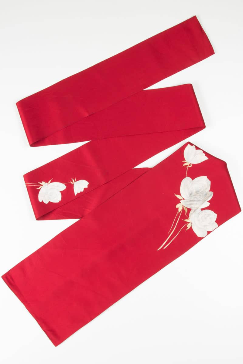 Vintage Red Embroidered Roses Nagoya Obi 107
