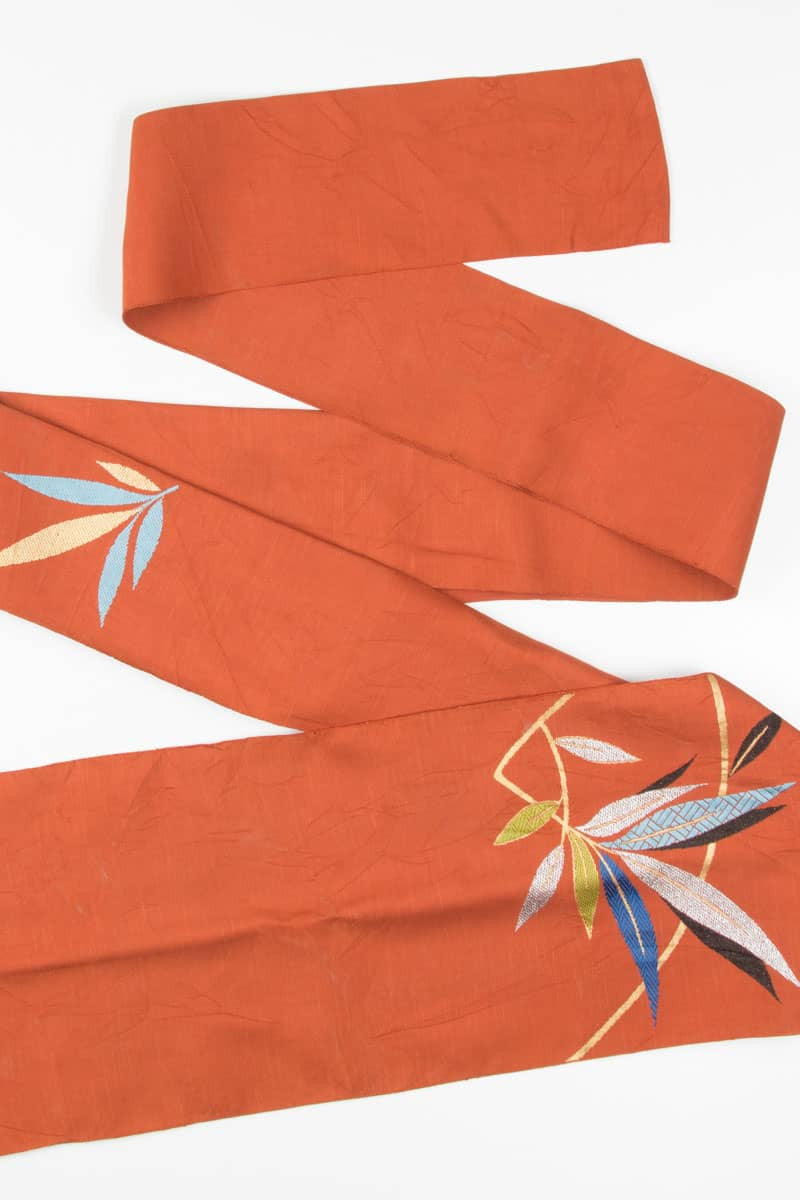 Vintage Rust Embroidered Leaves Nagoya Obi 83