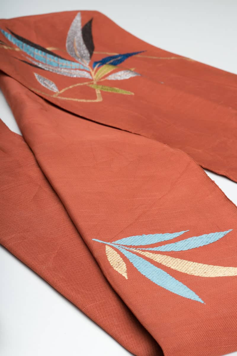 Vintage Rust Embroidered Leaves Nagoya Obi 83