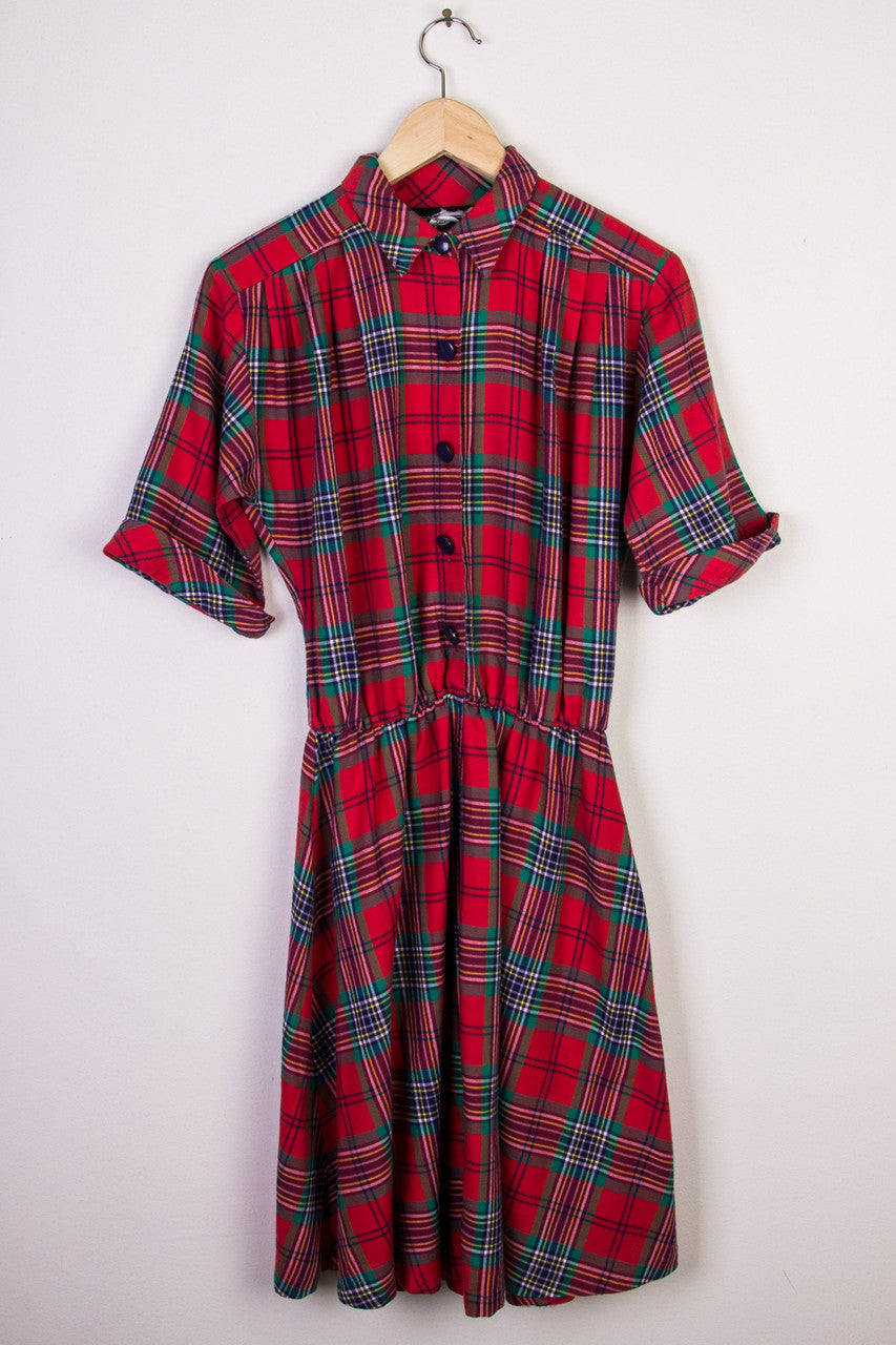 Red Plaid Short Sleeve Dress