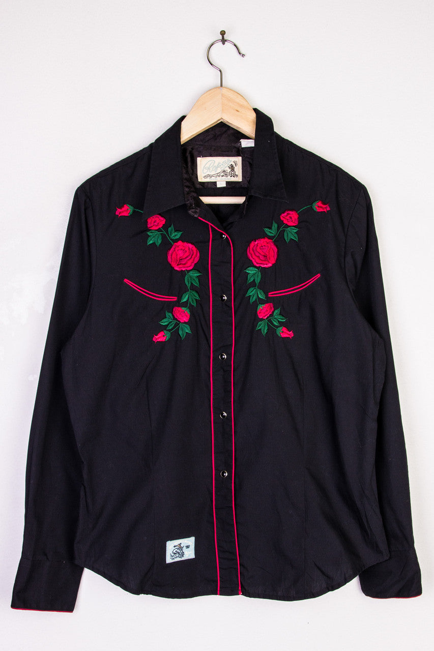Rose Embroidered Button Up