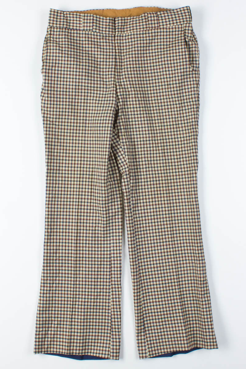 Beige Plaid Bell Bottom Pants