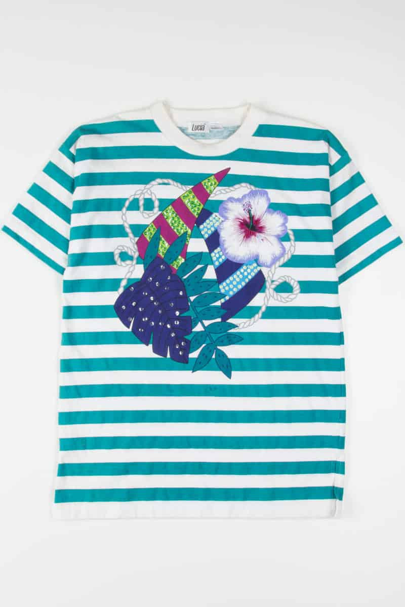 Tropical Teal Striped Vintage T-Shirt