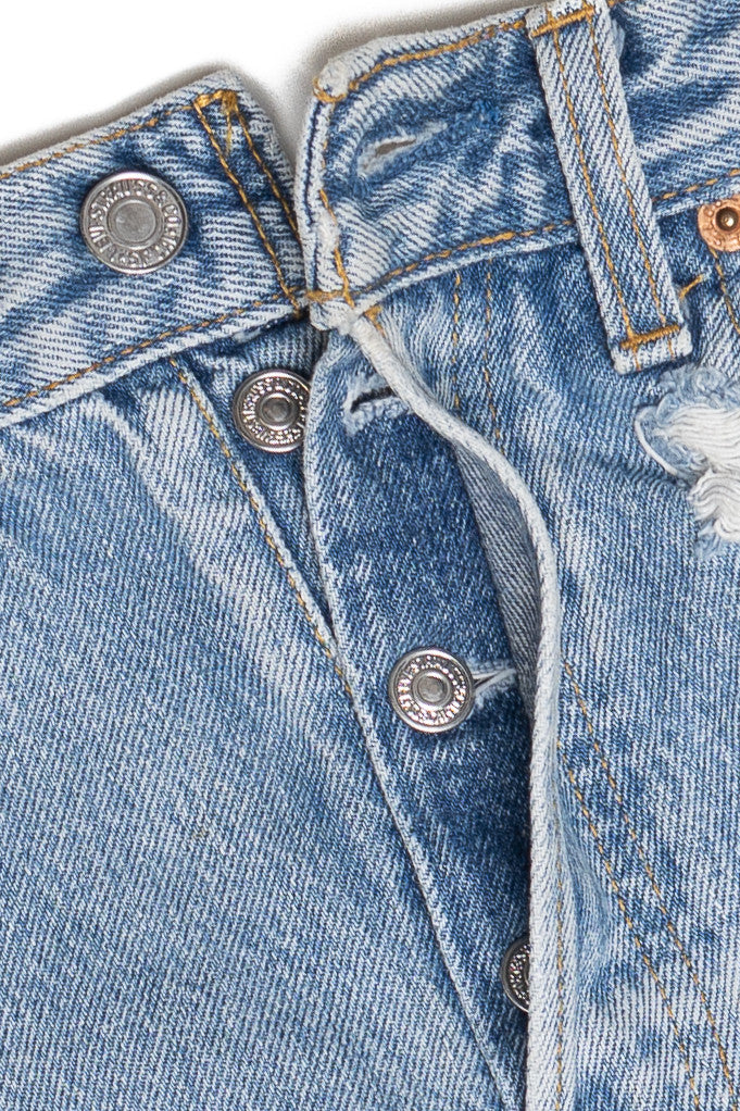 Vintage Distressed Levi's 501 Button Fly Cut Off Denim Shorts (1990s)