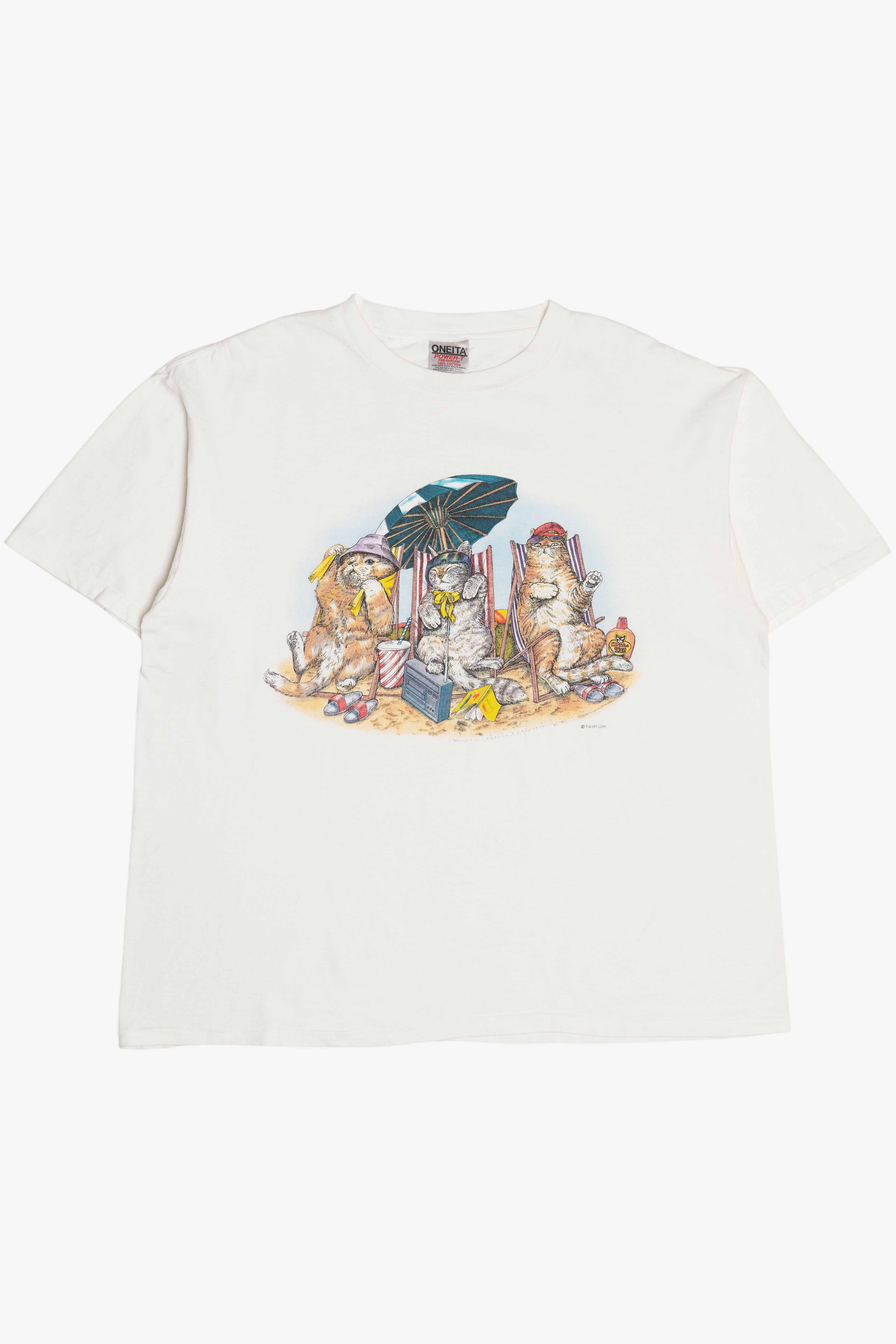 Vintage Cats & Kittens On The Beach Front/Back Print Single Stitch T-Shirt (1990s)