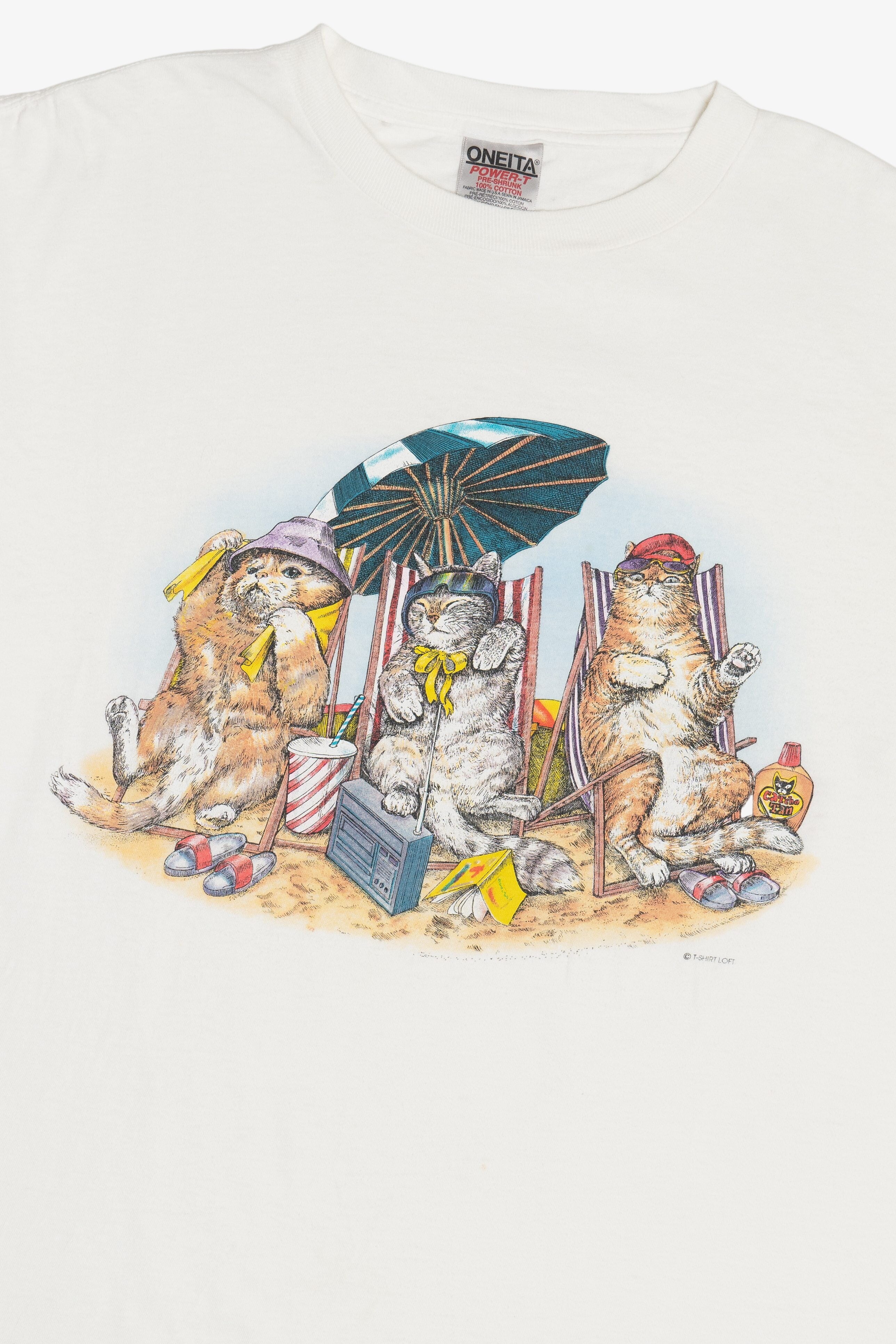 Vintage Cats & Kittens On The Beach Front/Back Print Single Stitch T-Shirt (1990s)