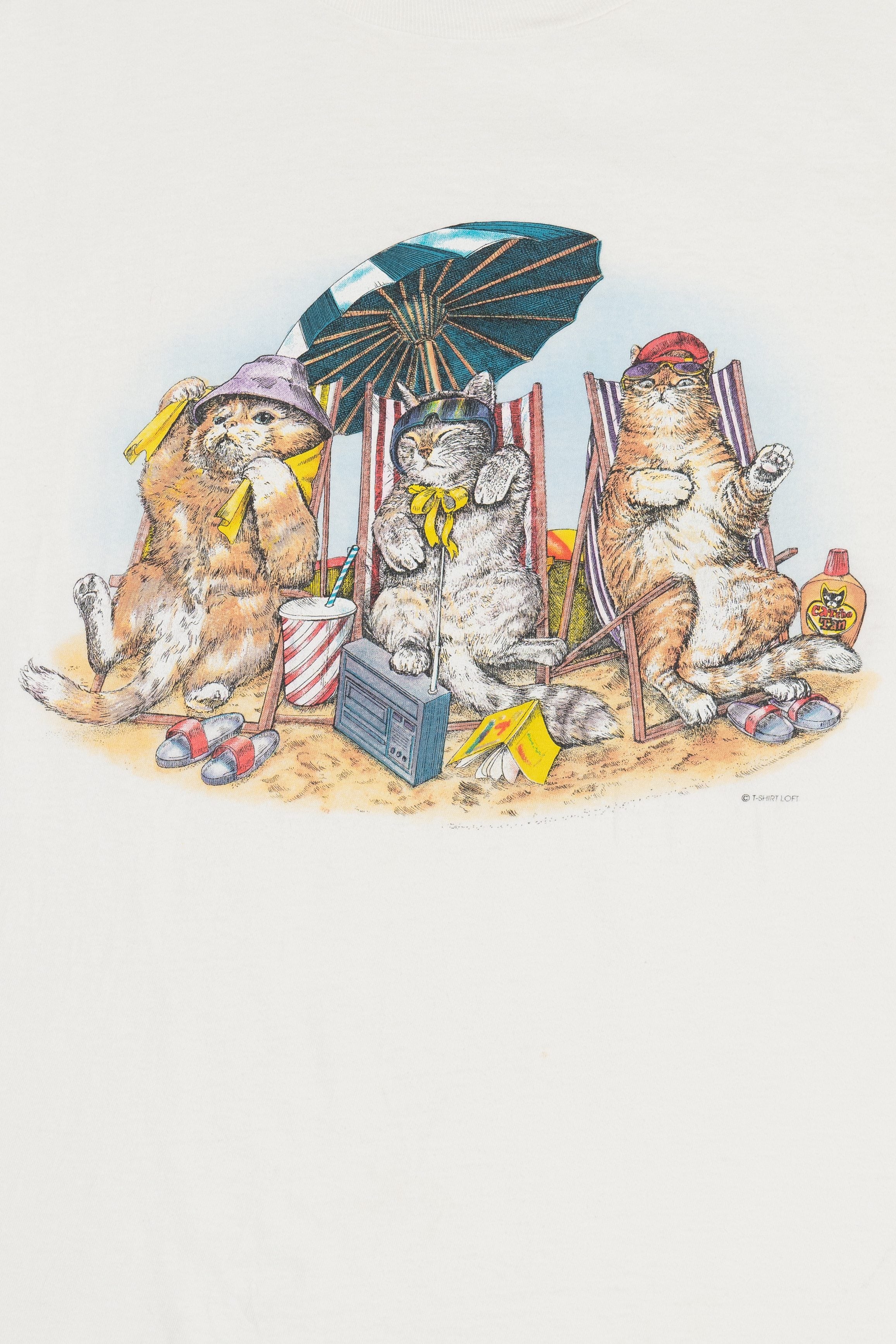 Vintage Cats & Kittens On The Beach Front/Back Print Single Stitch T-Shirt (1990s)