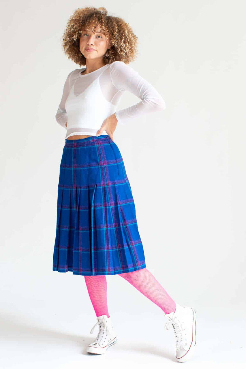 Blue Plaid Pleated Wool Skirt