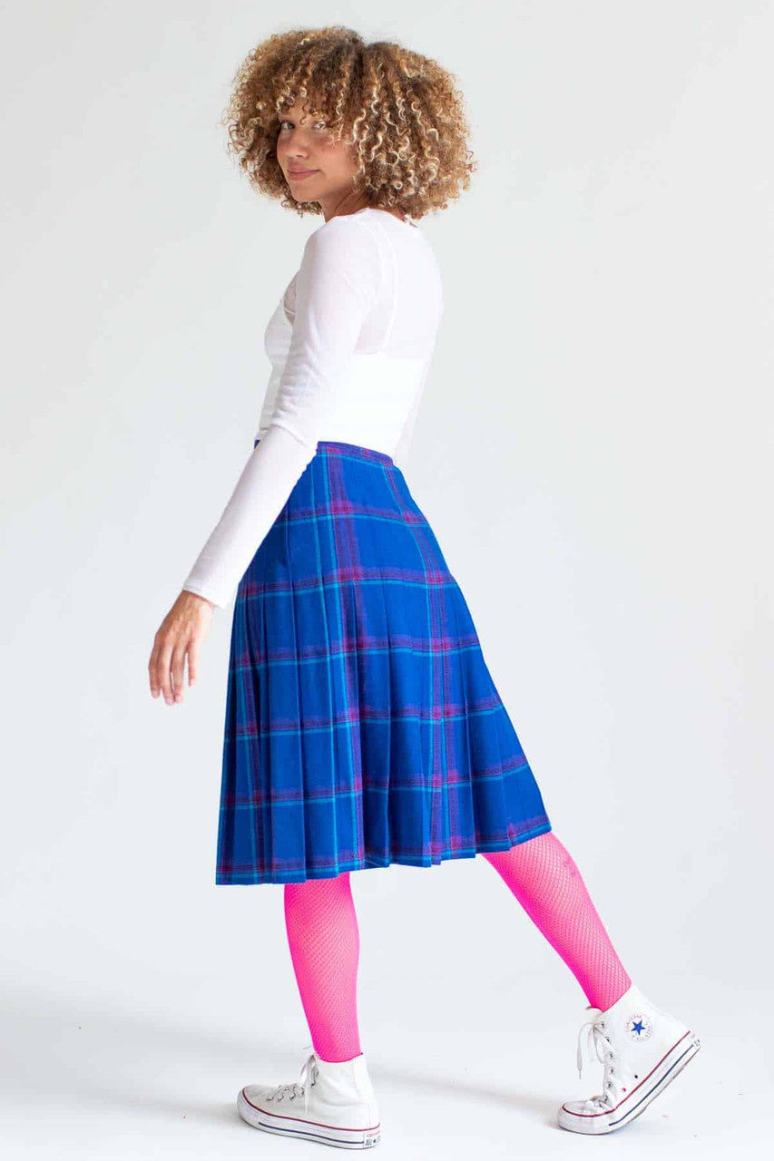 Blue Plaid Pleated Wool Skirt