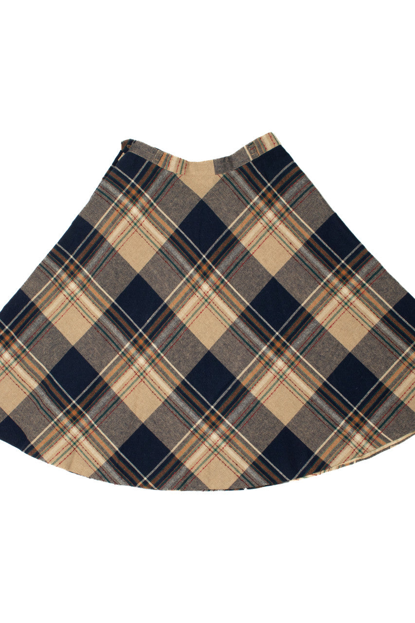 Vintage Navy & Beige Plaid Midi Circle Skirt