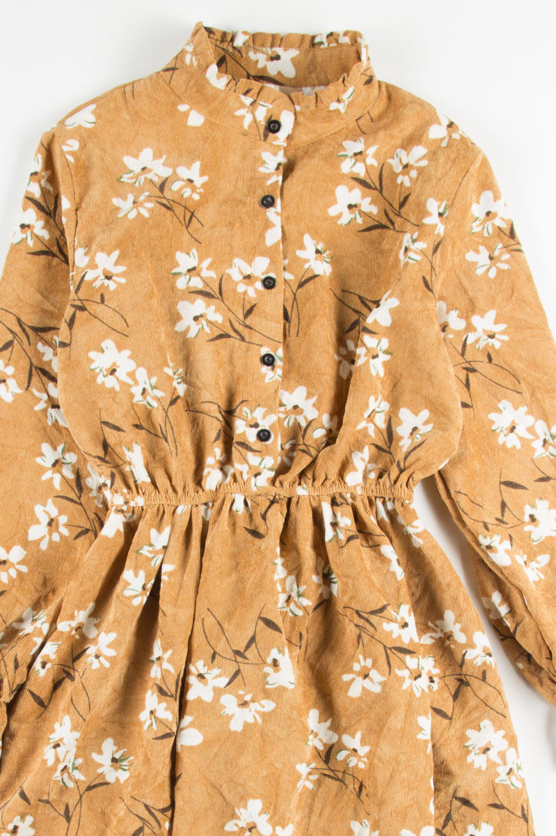 Tan Floral Peasant Corduroy Dress