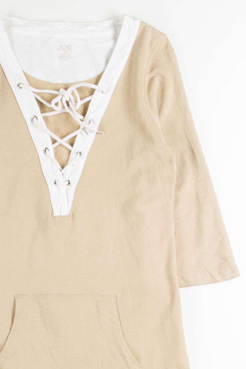 Beige Lace Up Pocket Dress