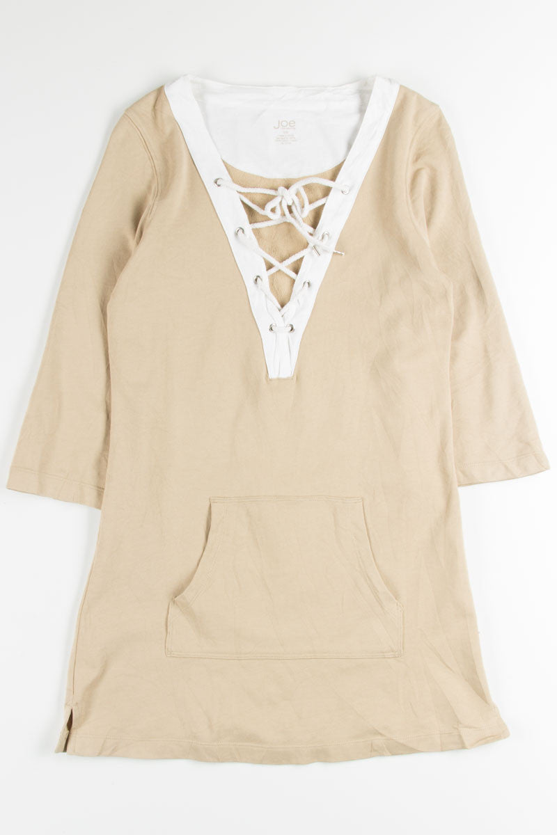 Beige Lace Up Pocket Dress