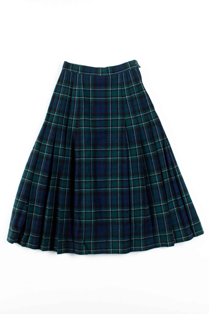 Green Plaid Pleated Wool Skirt