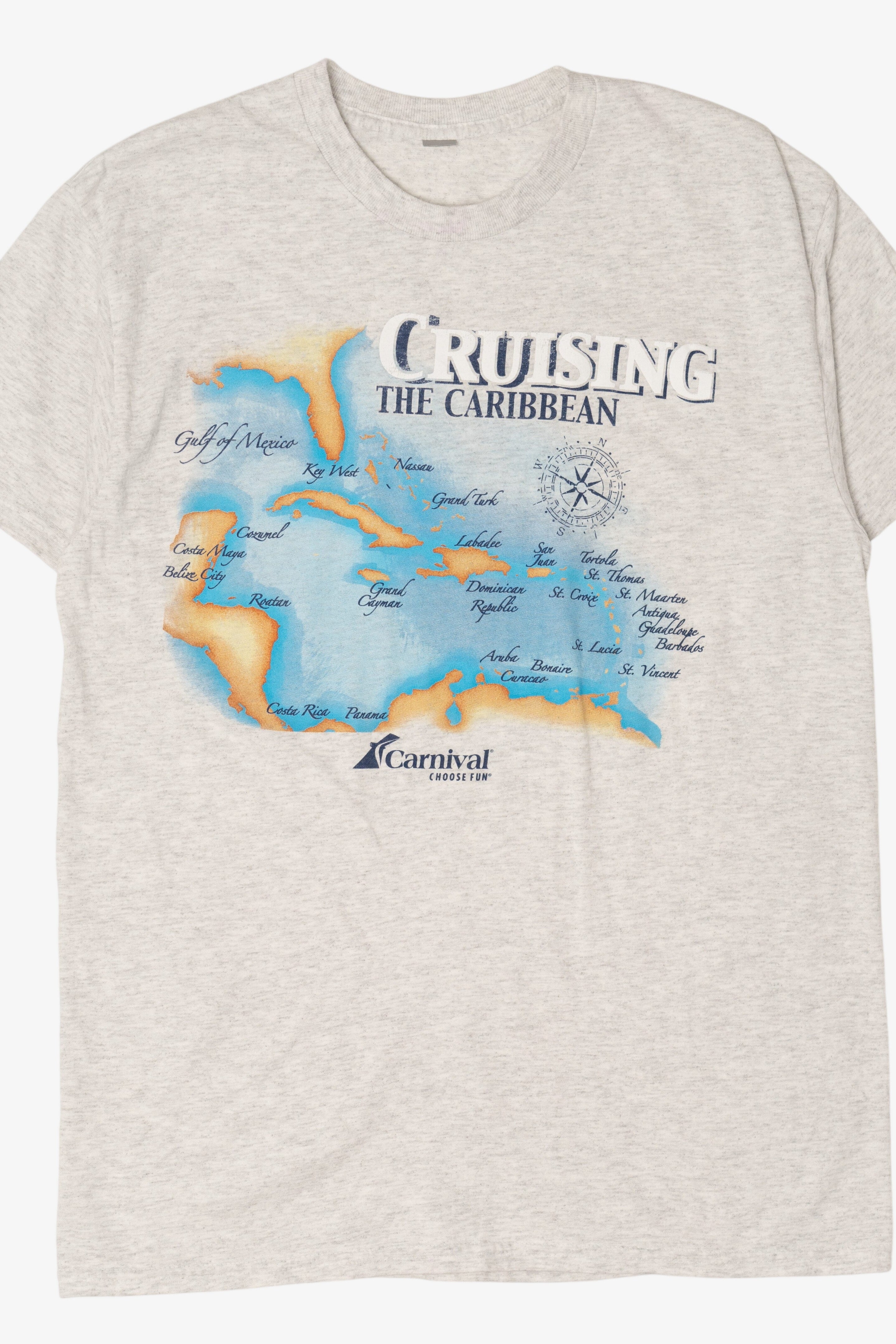 Vintage Light Gray "Cruising The Caribbean" Map T-Shirt (1990s)