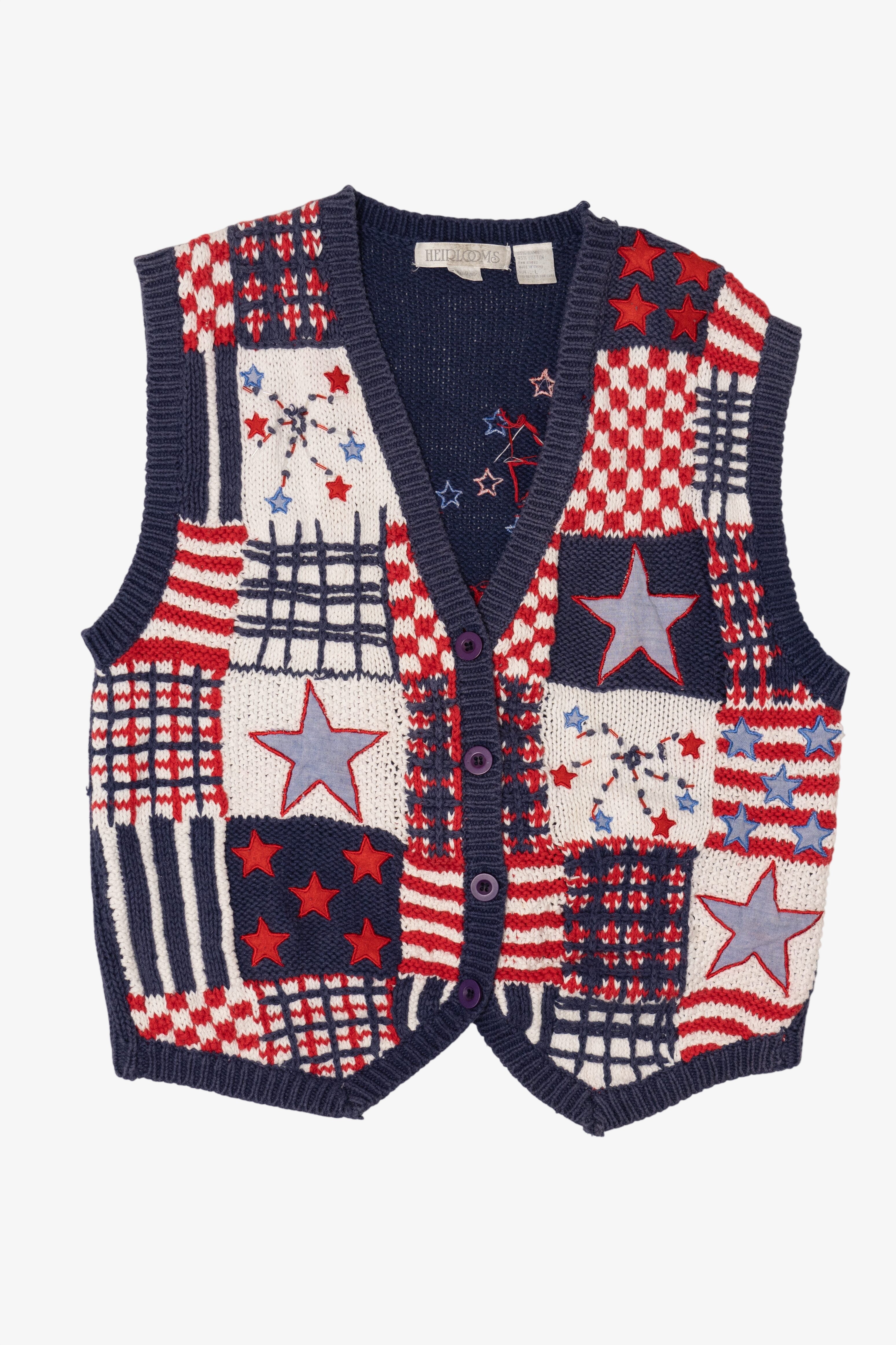 Vintage Hand Knit Red White And Blue America Stars Vest (1990s)
