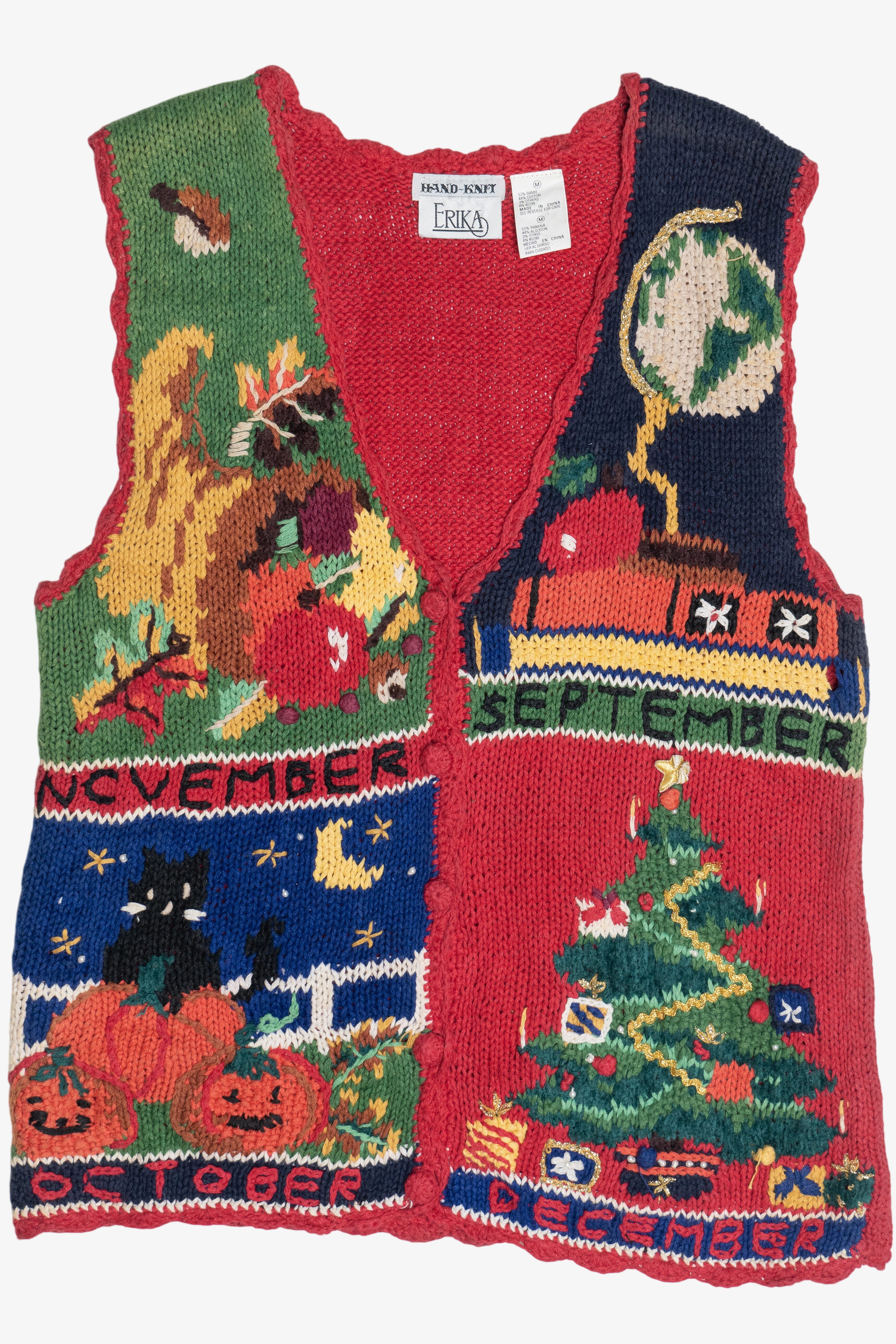 Vintage Hand Knit "September October November December" Holidays Teacher Vest (1990s)