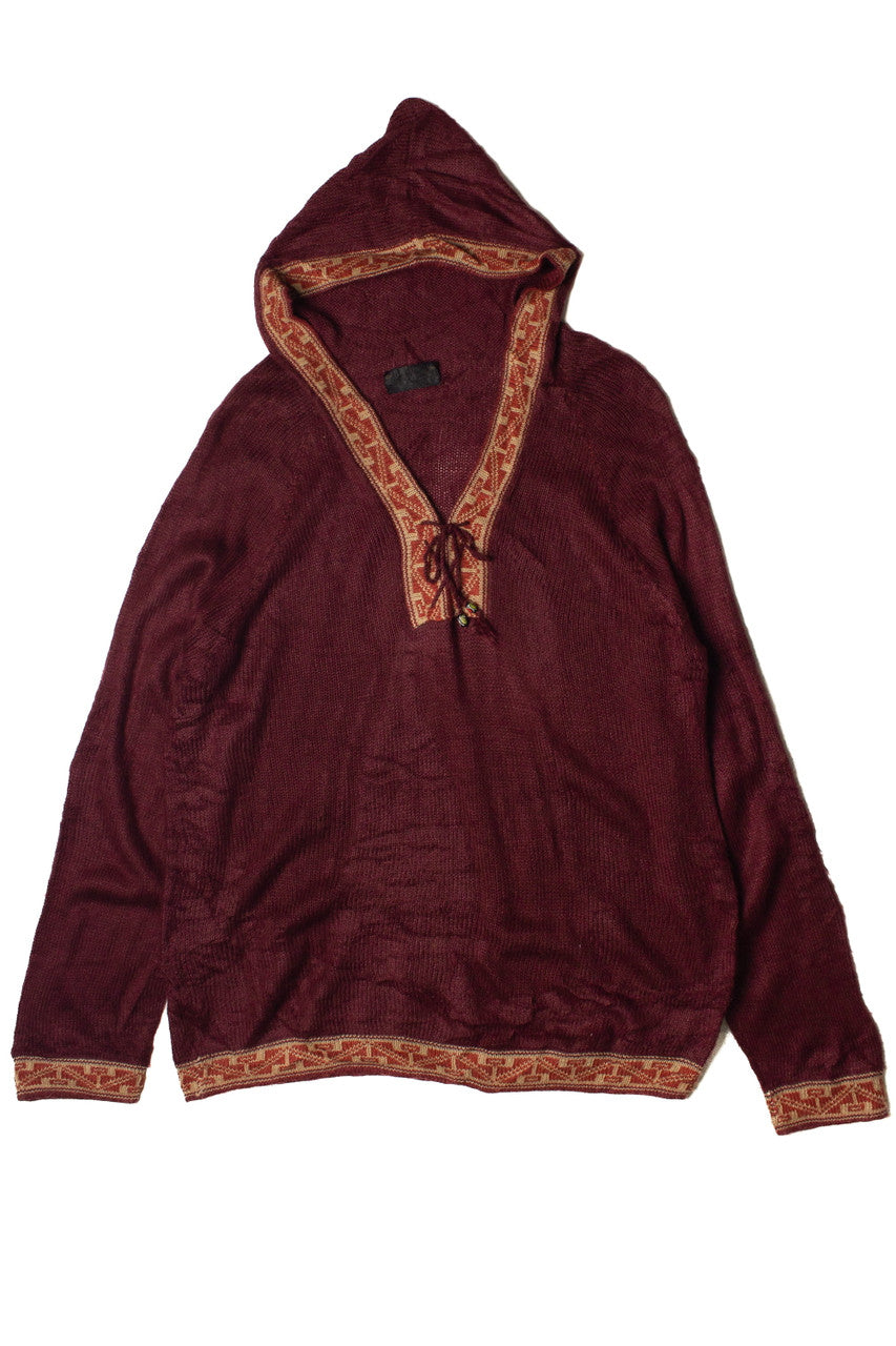 Vintage Lace Up Hooded Alpaca Wool Sweater