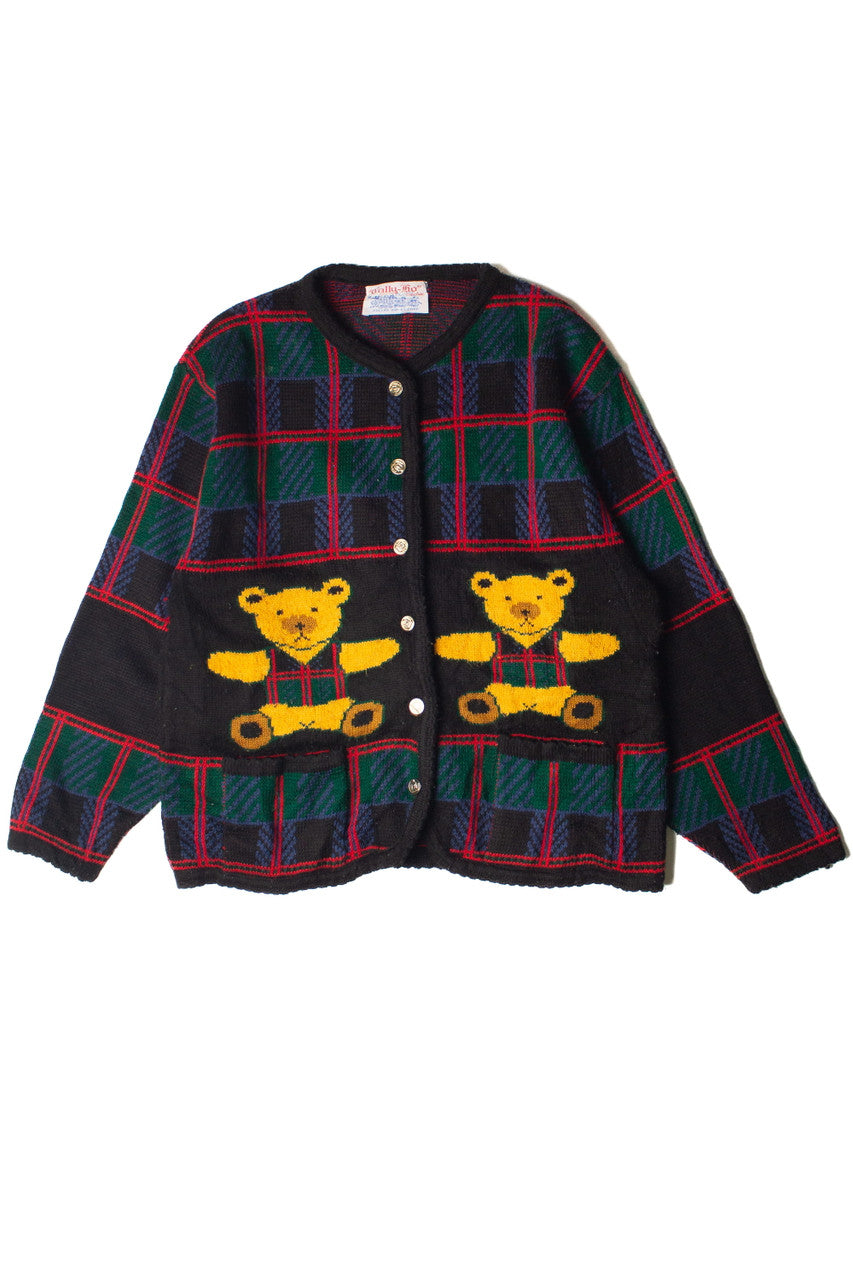 Vintage Tally Ho Teddy Bear Plaid Cardigan Sweater
