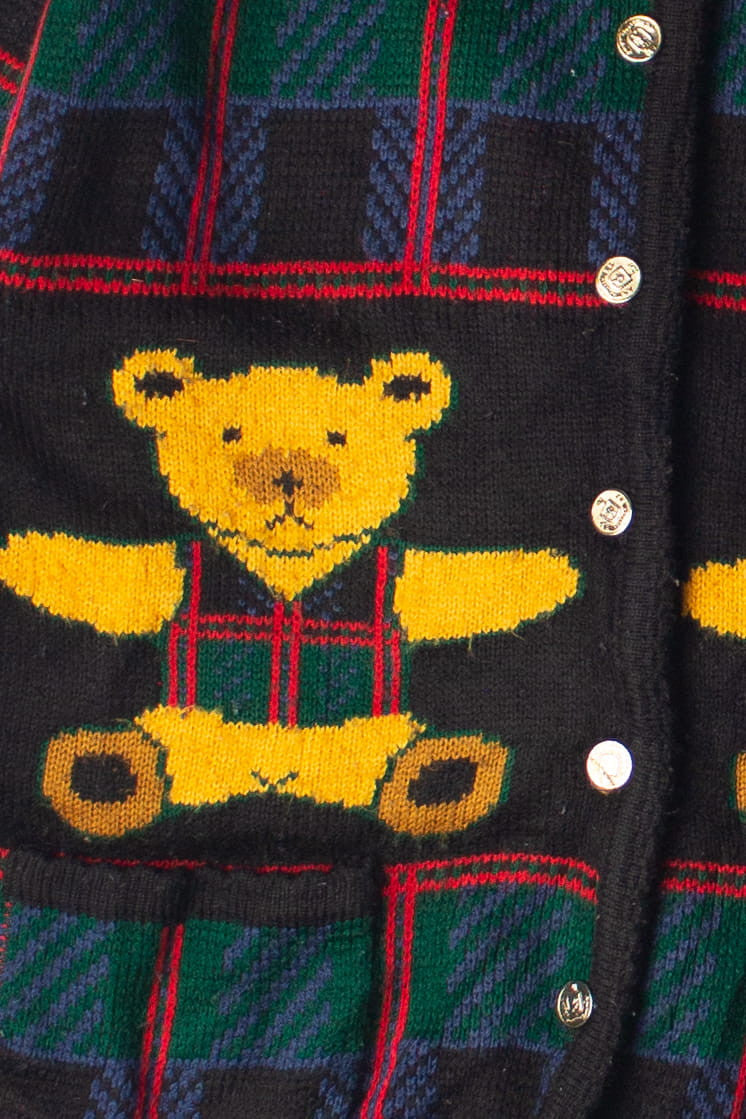 Vintage Tally Ho Teddy Bear Plaid Cardigan Sweater
