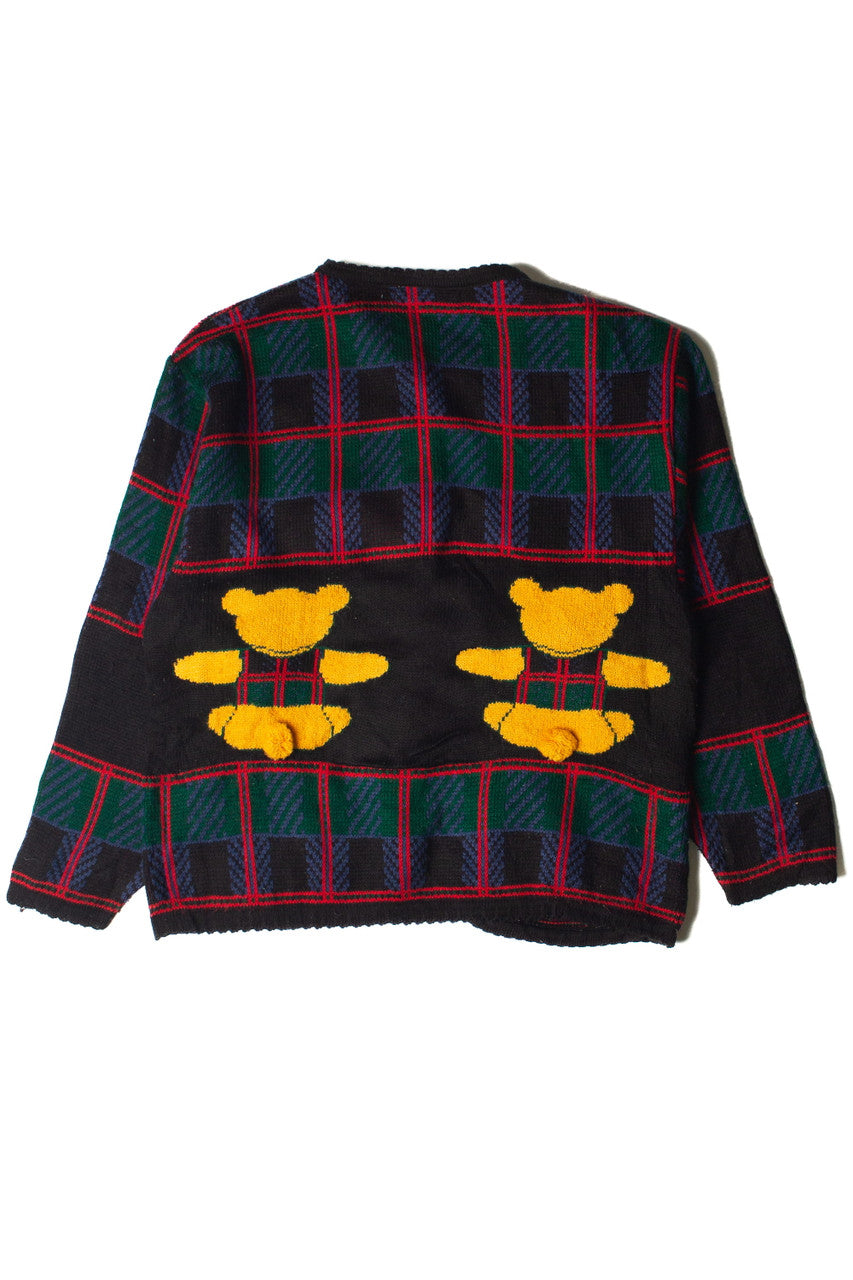 Vintage Tally Ho Teddy Bear Plaid Cardigan Sweater