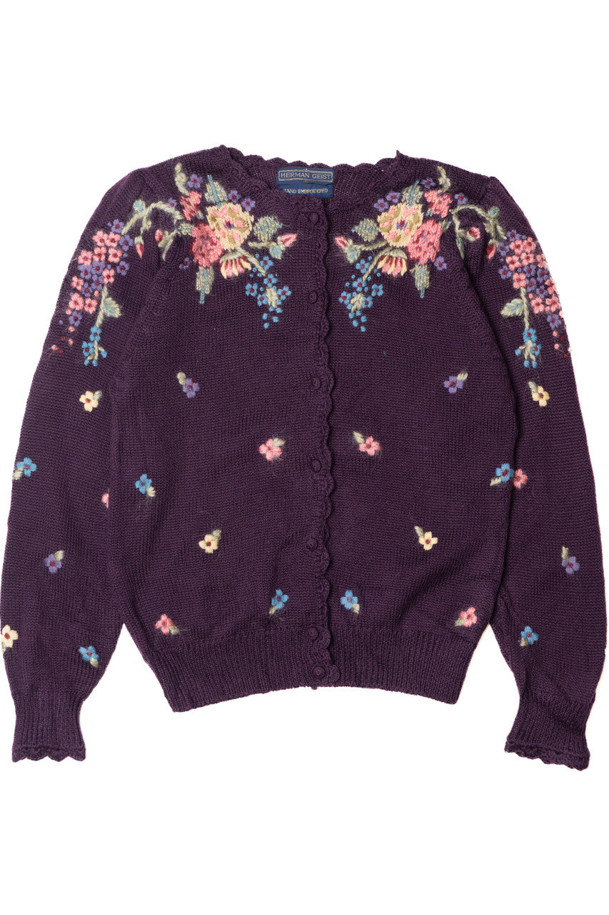 Vintage Floral Hand Embroidered Herman Geist Cardigan Sweater