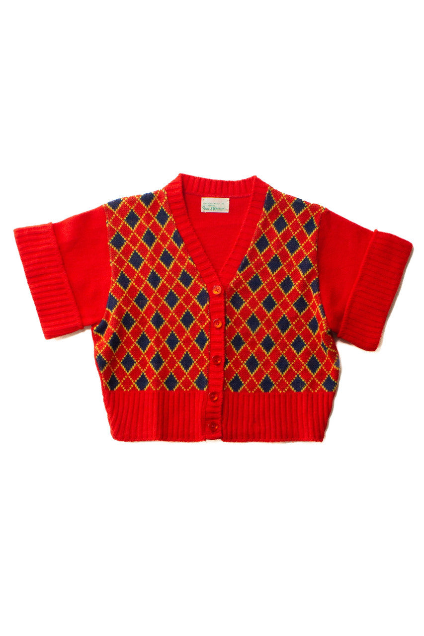 Vintage Red Cropped Short Sleeve Cardigan Sweater (1970s)