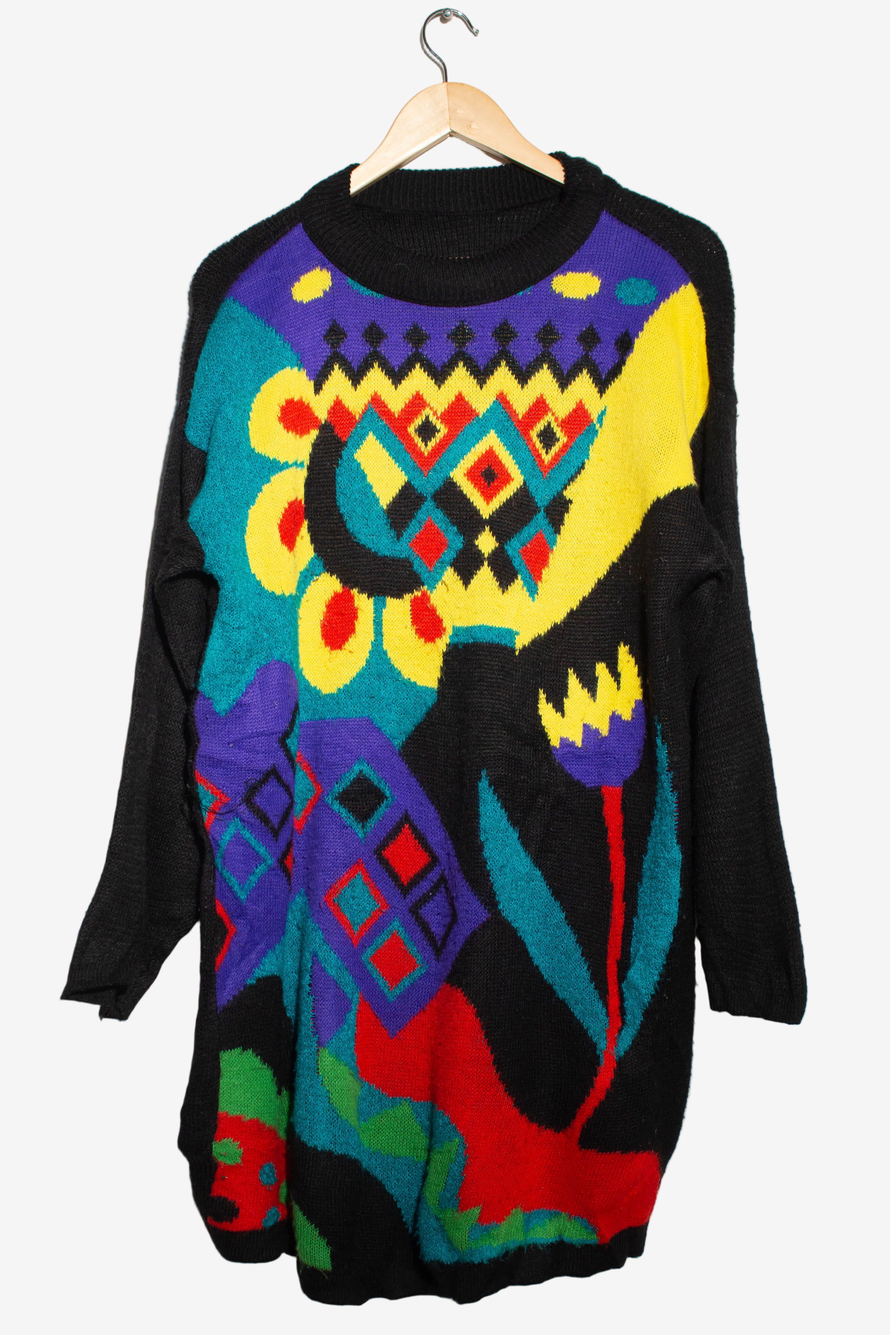 Vintage Abstract Floral Sweater Dress (1980s)