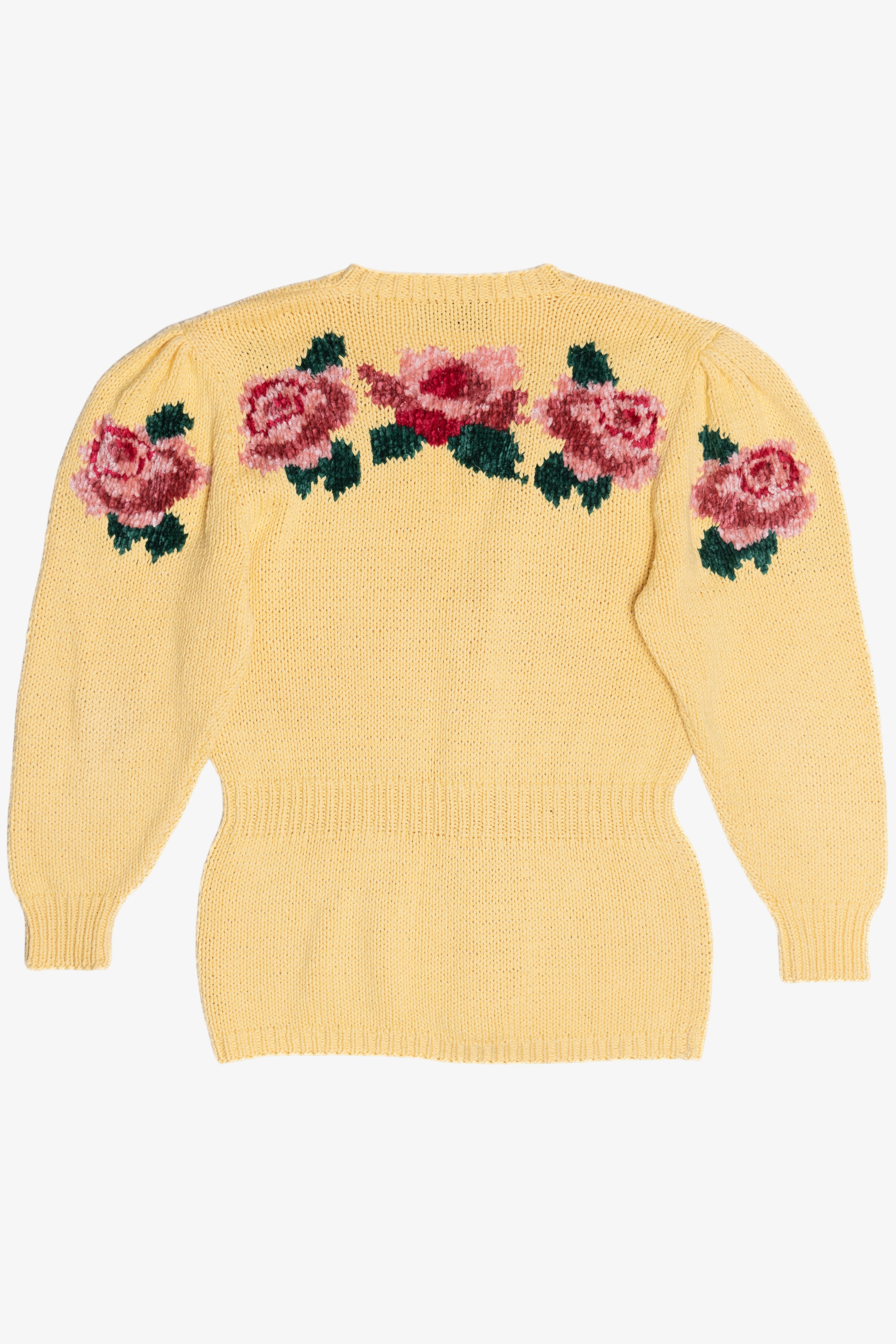 Vintage Chenille Rose Detail Butter Yellow Hand Knit Sweater (2000s)
