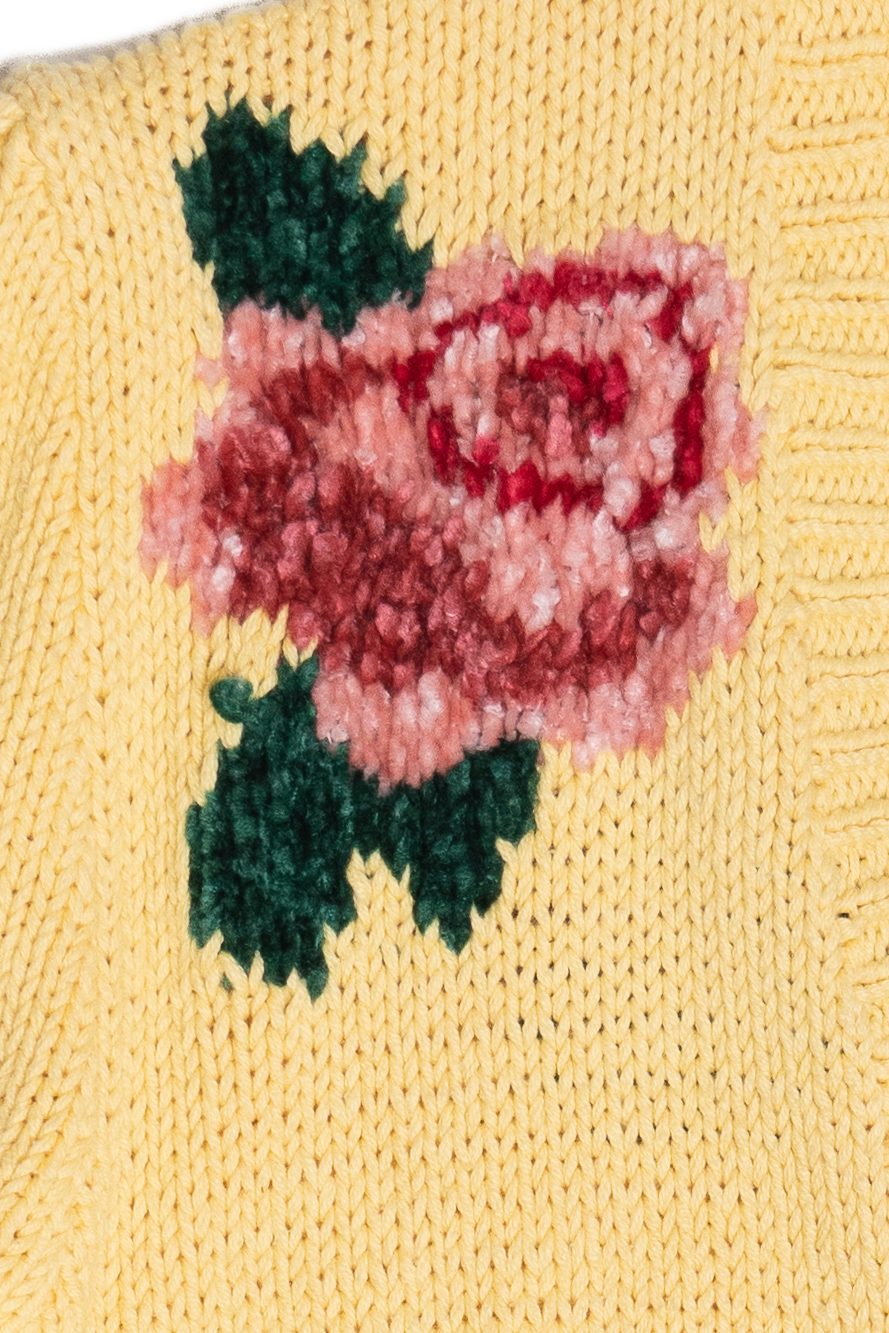 Vintage Chenille Rose Detail Butter Yellow Hand Knit Sweater (2000s)