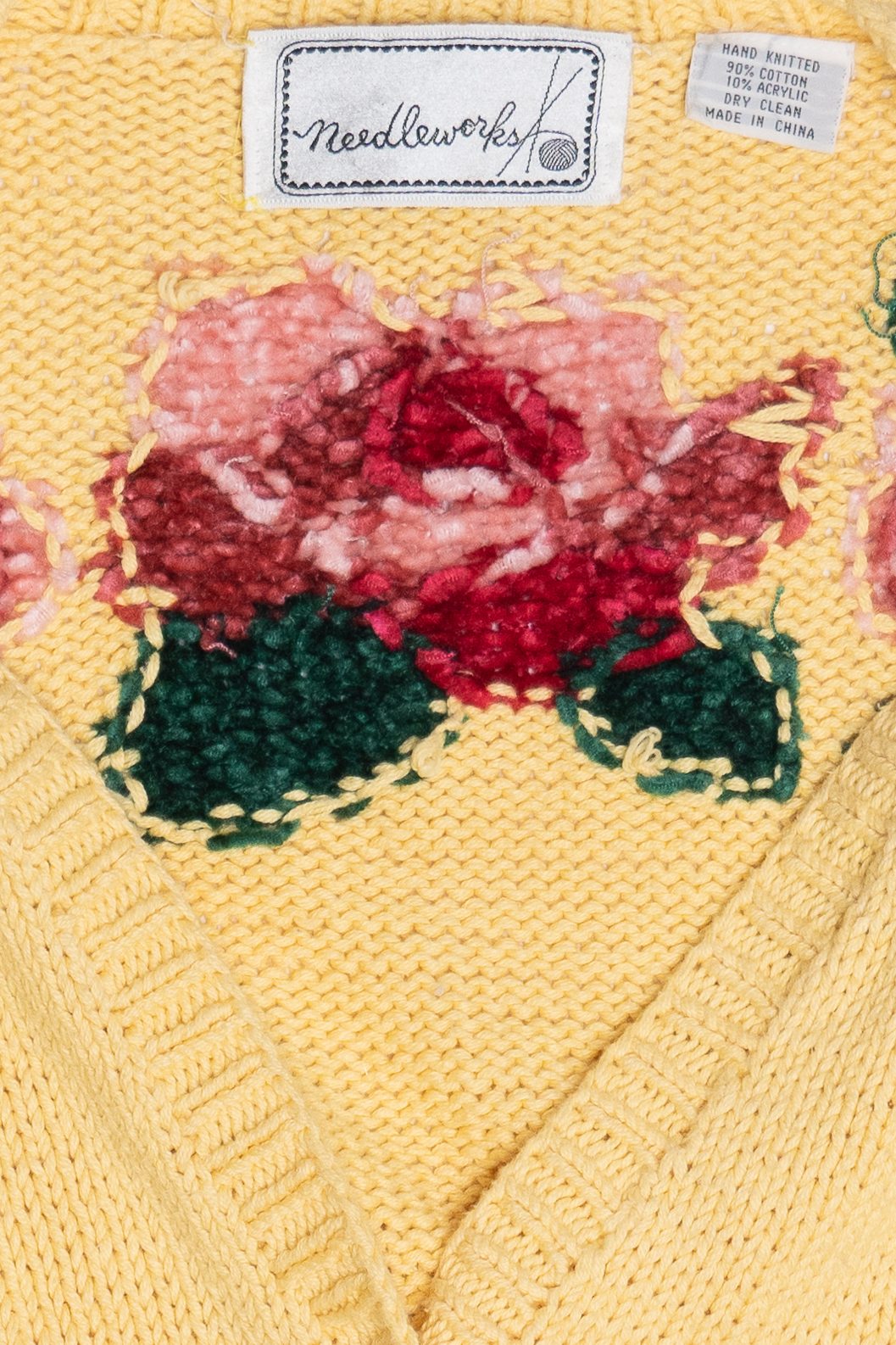 Vintage Chenille Rose Detail Butter Yellow Hand Knit Sweater (2000s)