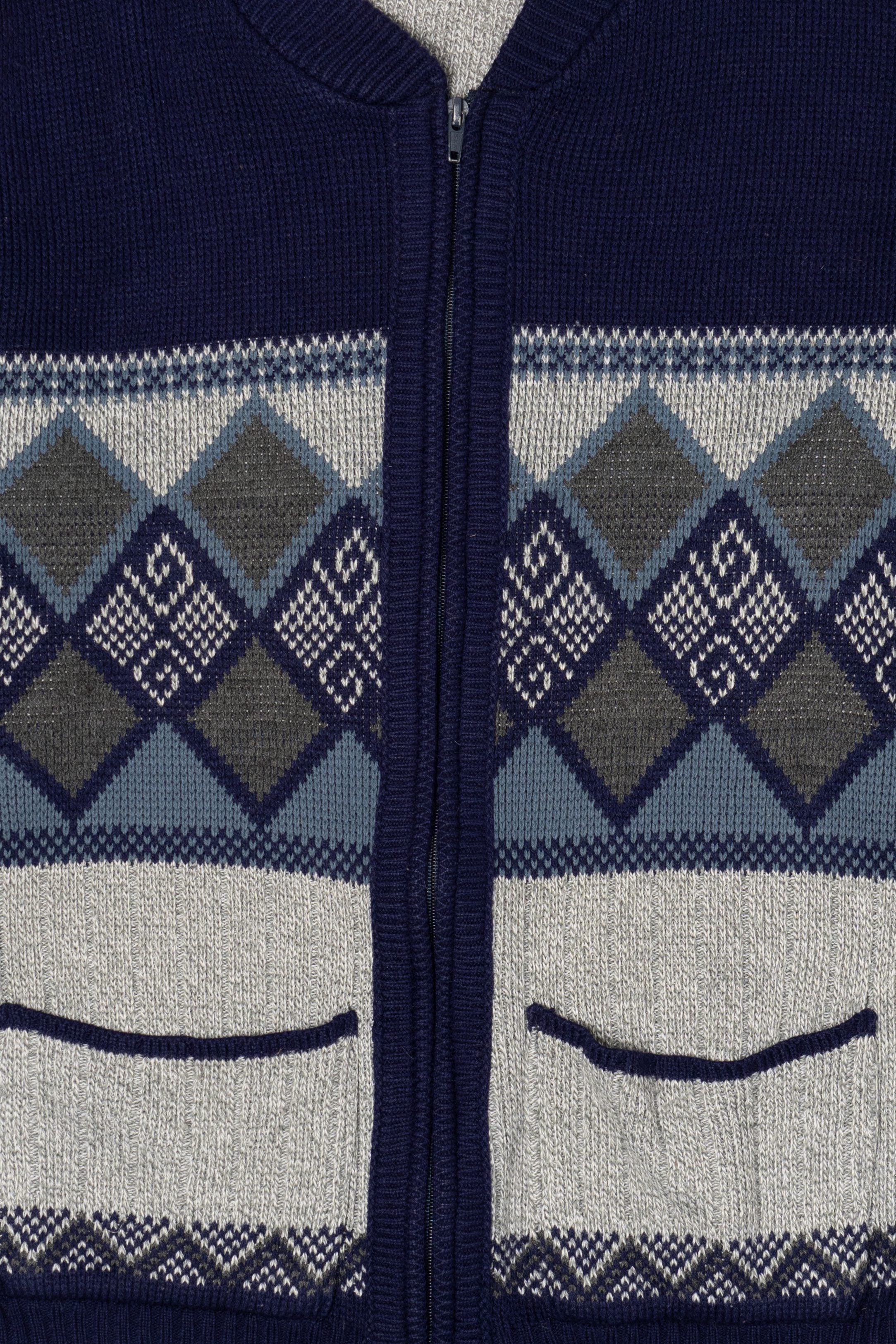 Vintage Gray And Navy Blue Bellisimo Zip Up Sweater (1990s)