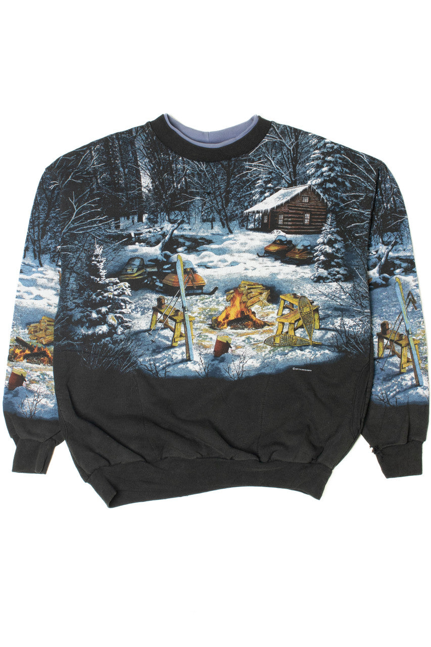 Vintage Snowy Cabin Scene Hidden Side Pockets Sweatshirt