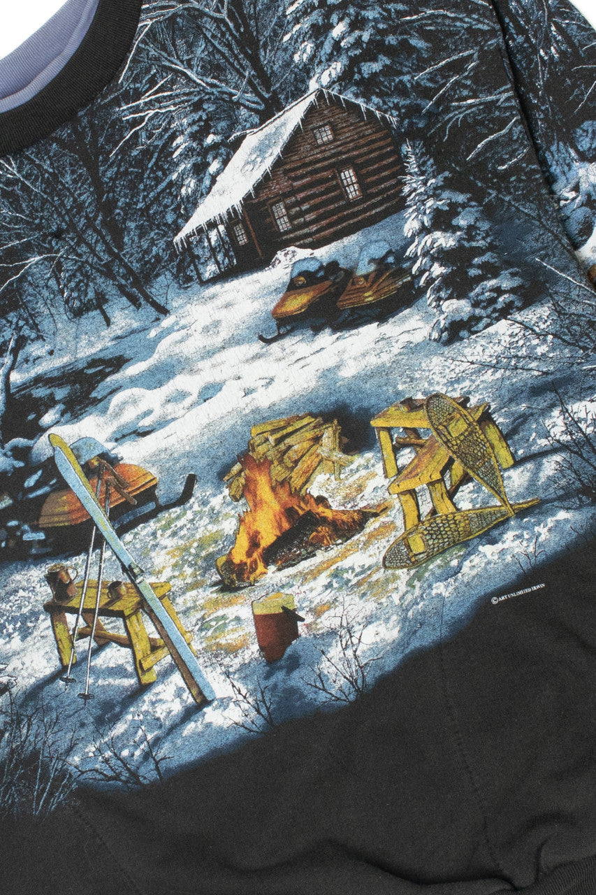 Vintage Snowy Cabin Scene Hidden Side Pockets Sweatshirt