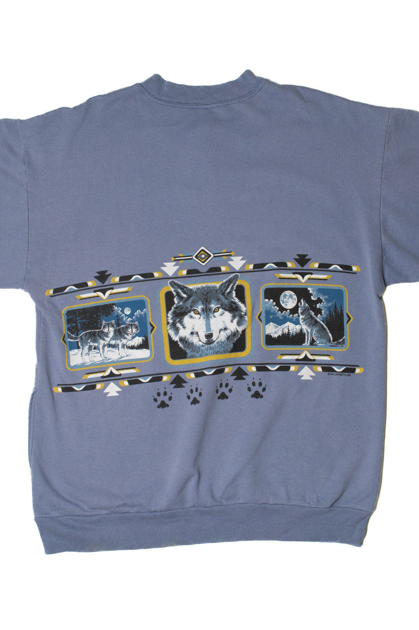 Vintage Wolf Print Button Henley Sweatshirt With Pockets