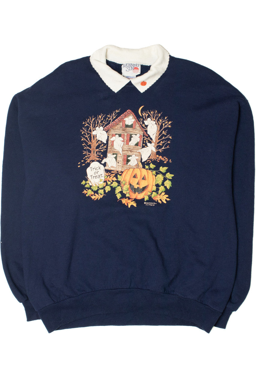 Vintage Haunted House Ghost With Pumpkins & Collar Sweatshirt